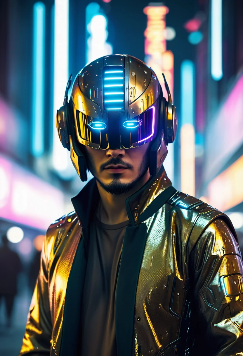 (best quality:1.3), (best performance:1.2), (best illustration:1.2), (Comic style:1.2), (artistic cinematic lighting:1.2) (1man) wearing futuristic electronic robes Cyberpunk technological, his body is covered by metallic parts, in a cinematic horror movie background in a futuristic Cyberpunk city, (wearing a technological electronic helmet:1.2)