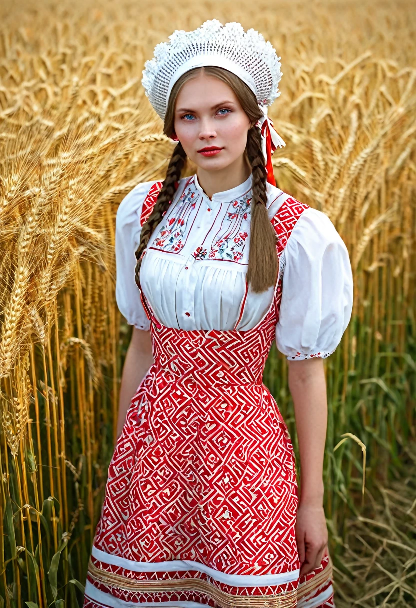 arafed woman in a red and white dress and a hat in a wheat field, traditional russia, russian girl, slavic style, slavic features, traditional beauty, russian style, russian clothes, slavic, beautiful nordic woman, russian costume, beautiful portrait image, russia. photography, russian girlfriend, beautiful maiden, anna nikonova aka newmilky
