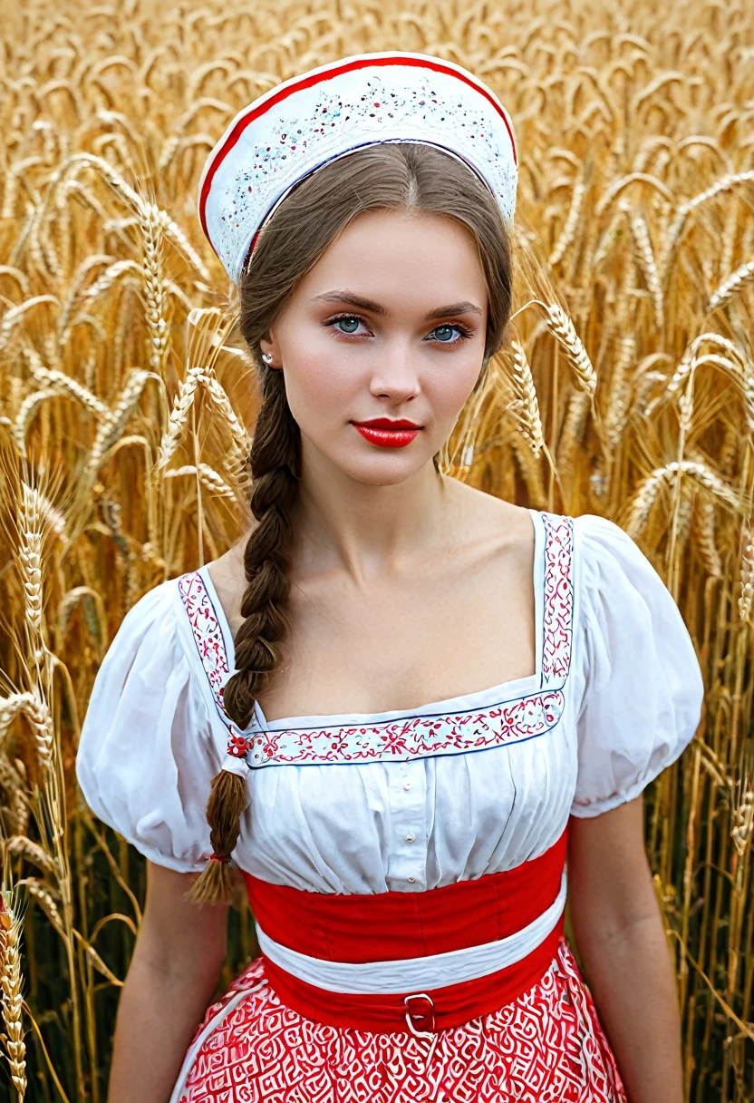 arafed woman in a red and white dress and a hat in a wheat field, traditional russia, russian girl, slavic style, slavic features, traditional beauty, russian style, russian clothes, slavic, beautiful nordic woman, russian costume, beautiful portrait image, russia. photography, russian girlfriend, beautiful maiden, anna nikonova aka newmilky