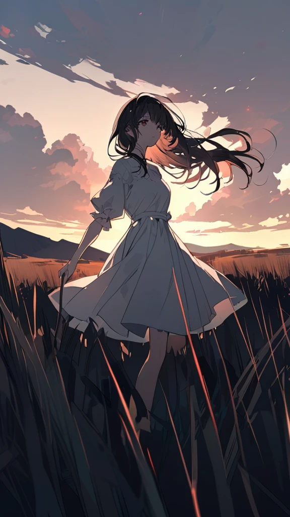 Anime girl, beautiful, black hair, dark eyes, in an open field
