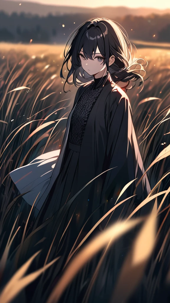 Anime girl, beautiful, black hair, dark eyes, in an open field