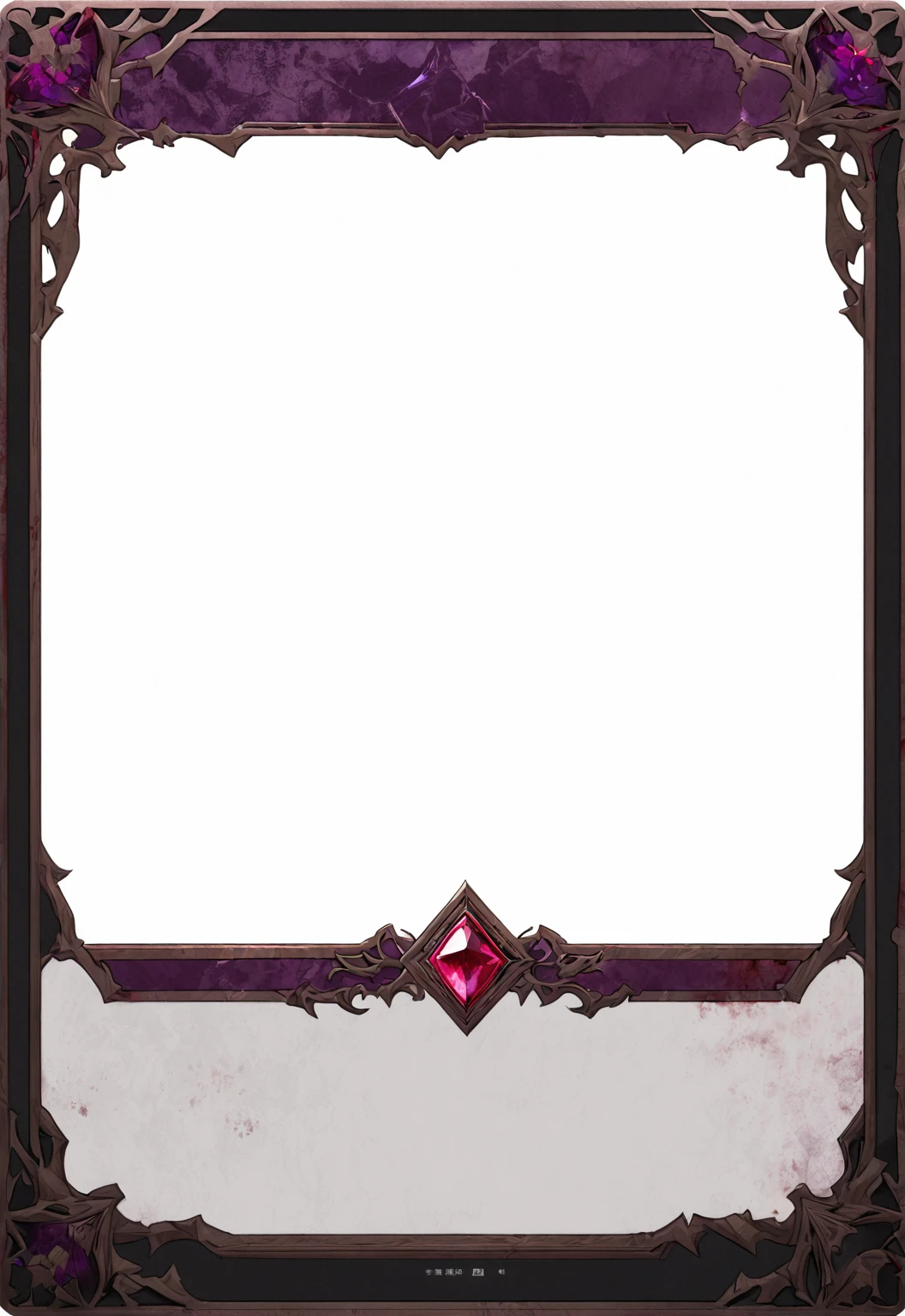 A card border UI,Modern urban minimalist style,Noble and elegant dark suspense style,Leave a square blank space in the middle,There is a ruby under the bezel,There are sapphires on the left and right corners.。Redwood frame,Parchment backing,There are blood stains on it。Black and White、Purple dominant color。