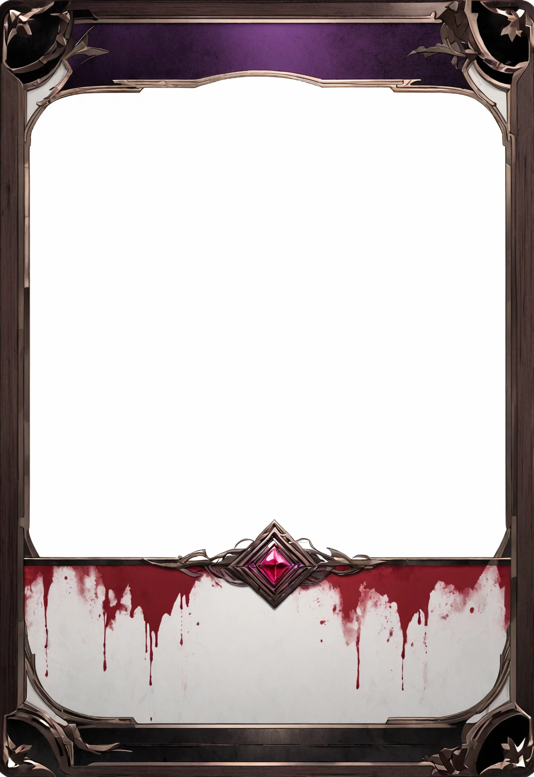A card border UI,Modern urban minimalist style,Noble and elegant dark suspense style,Leave a square blank space in the middle,There is a ruby under the bezel,There are sapphires on the left and right corners.。Redwood frame,Parchment backing,There are blood stains on it。Black and White、Purple dominant color。