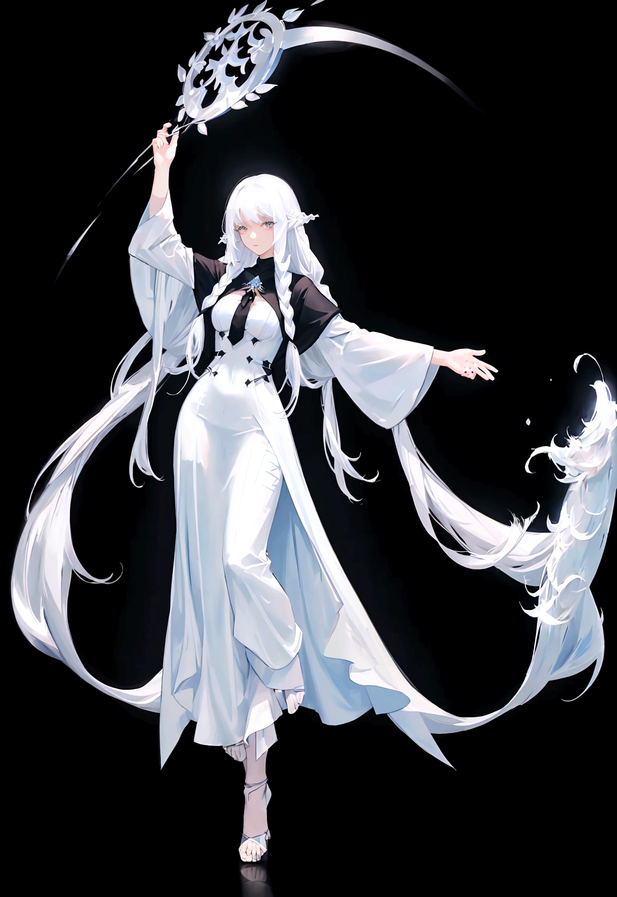 Character (adult woman) (white long hair) (white seer-style clothing) (character in dynamic pose) (full body) (black background) (in the middle of meadow)