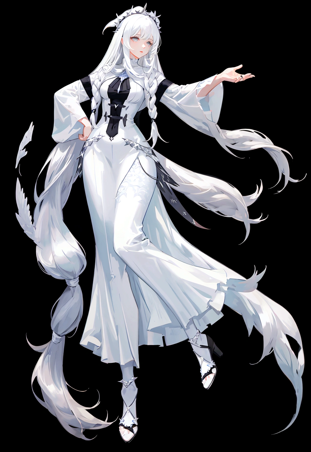 Character (adult woman) (white long hair) (white seer-style clothing) (character in dynamic pose) (full body) (black background) (in the middle of meadow)