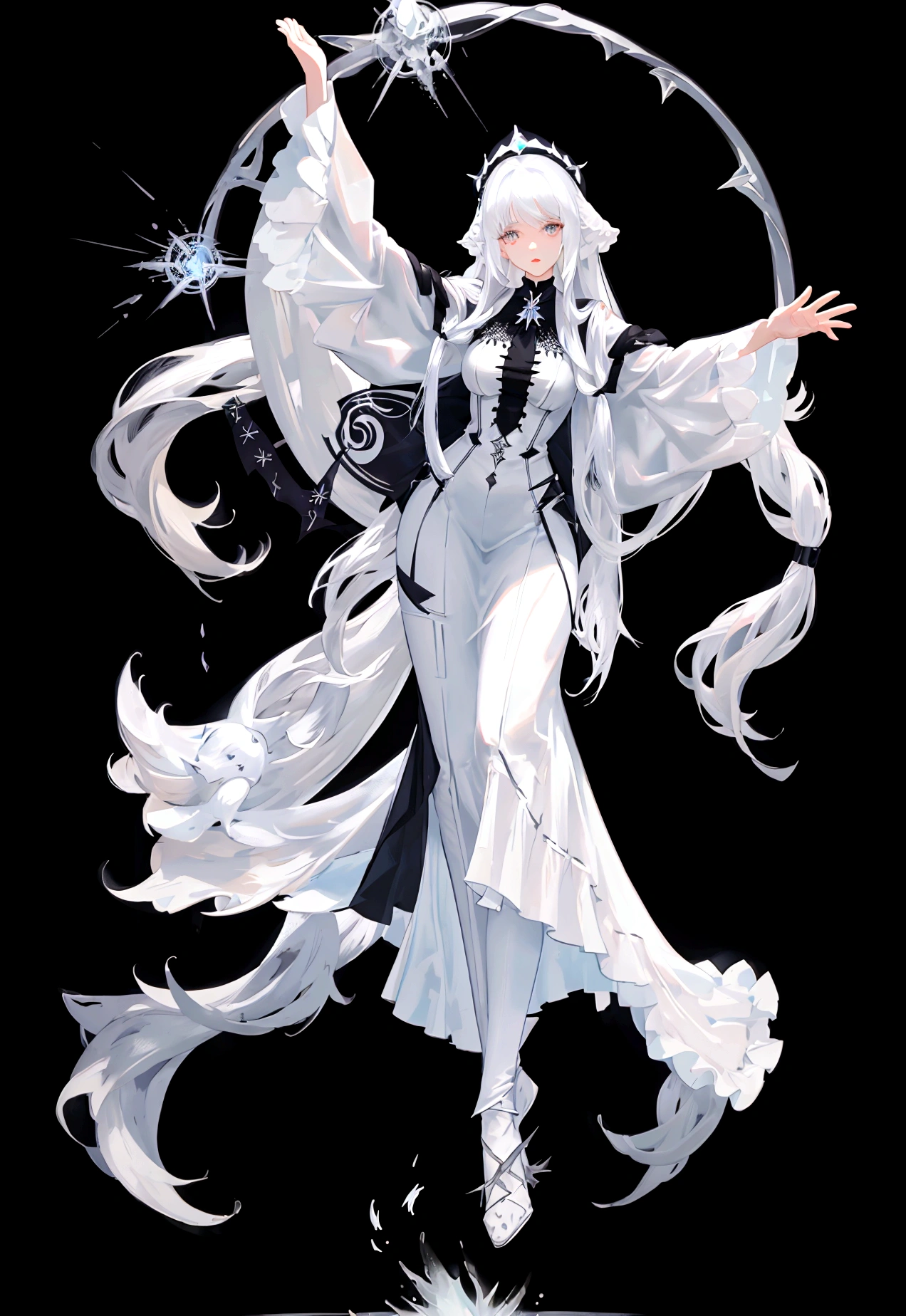 Character (adult woman) (white long hair) (white seer-style clothing) (character in dynamic pose) (full body) (black background) (in the middle of meadow)