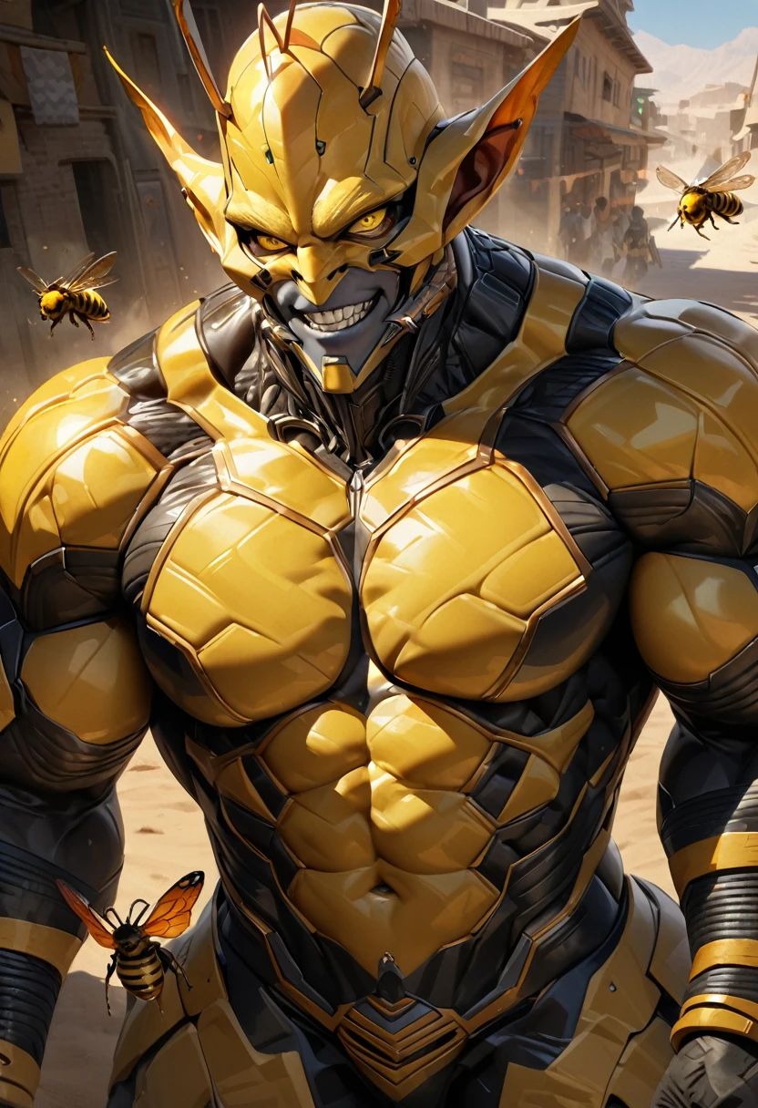 ((absurdres)) perfect whole body, ultra photorealistic, top quality, Photorealistic, ((16k UHD)) High Definition, high-res, ultra sharp, masterpiece, the best quality, intricate details, detailed eyes, perfect face detailed face, (((in a desert town))) orange goggles, masterpiece, highly detailed exquisite character art, perfectly detailed anatomy, detailed body, detailed pecs, hyper pecs, thick thighs, (((sunny weather))) (((natural lights))), ultra-realistic, (((1male))) ((tall muscular man male humanoid)), bald, humanoid yellow skin, bee anatomy, deity, god of honey bees, humanoid black & yellow skin tone, yellow hue, powerful humanoid appearance, compound eyes, stinger, abdomen, metallic scales, scales. Metallic armour, wings, elf ears, glossy skin, large smirking face, flying in the sky, mandibles, Antenna, honey, ((male muscular stripe black & yellow humanoid insect honey bee)) (((yellow skin))), (((black skin)))