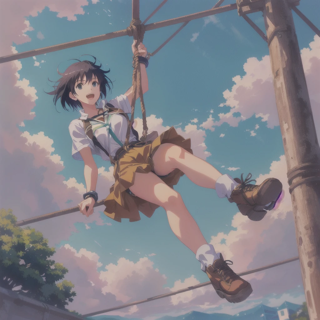 Anime girl hanging on a rope with the sky as background, makoto shinkai!, makoto shinkai!!, Makoto Shinkai's art style, makoto shinkai. Digital Rendering, Makoto Shinkai style, makoto shinkai. —h 2160, ( ( makoto shinkai ) ), Makoto Shinkai's Style, Official Anime Artwork