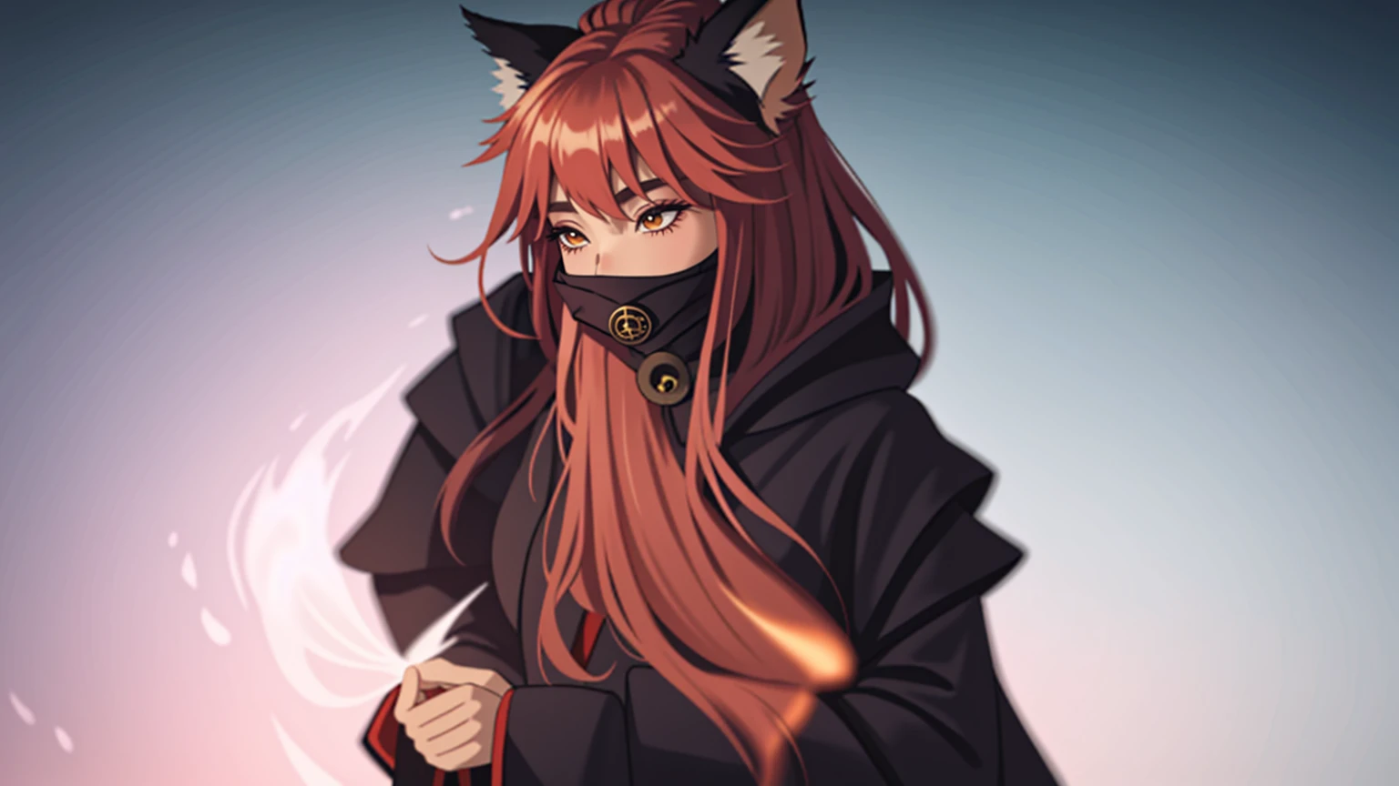 1girl,solo,, official art, unity 8k wallpaper, ultra detailed, beautiful and aesthetic, beautiful, masterpiece, best quality,, Kitsune witch, fox mask, haori jacket, foxfire spell, fox familiar, transformation,