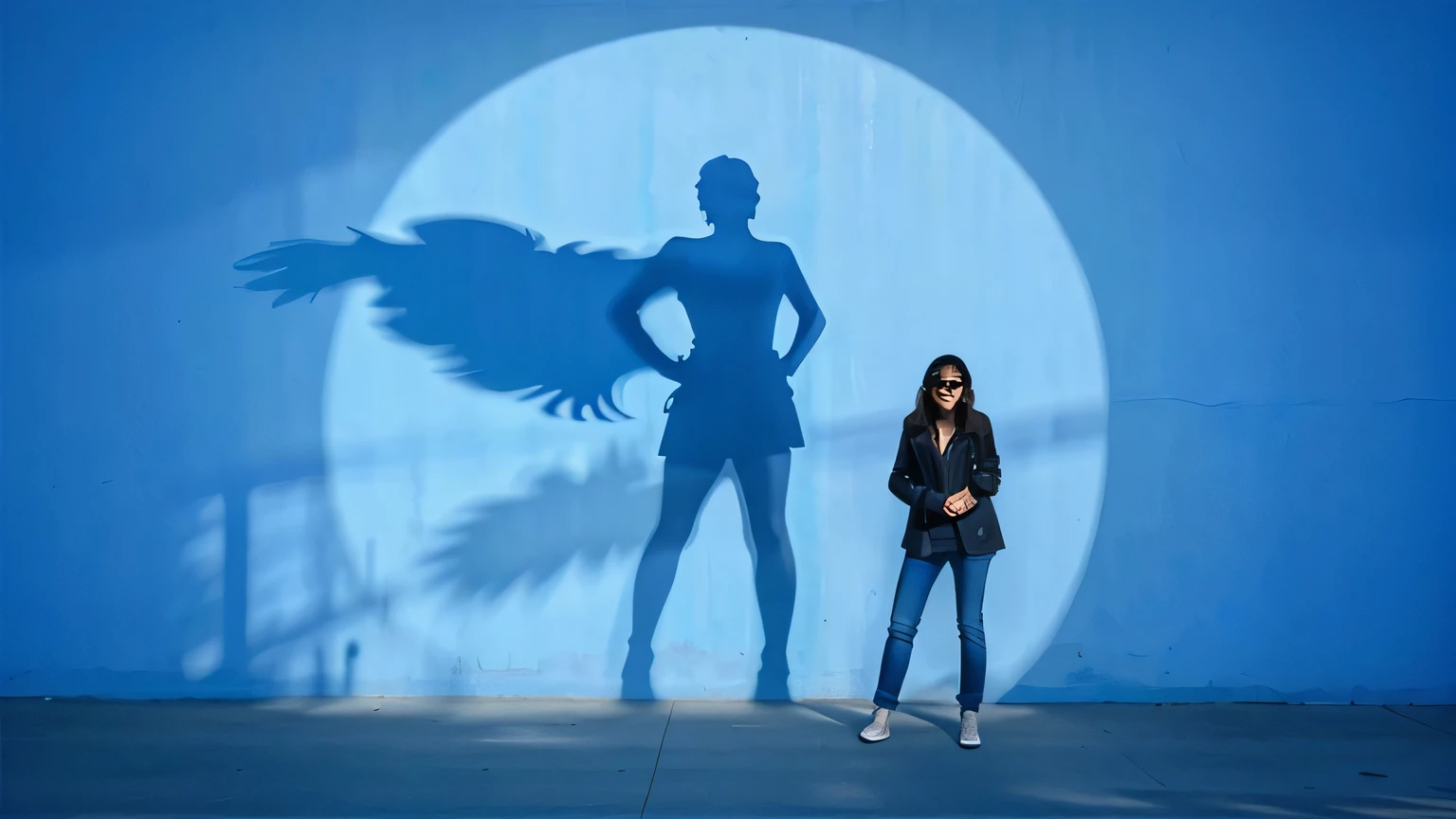 woman standing in shadow on a blue wall, realistic, real, HD