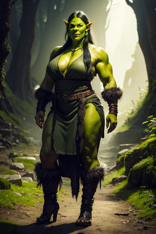 Young orc woman, big fangs, female orc, (green skin) , peaceful expression, dirty clothes and hair, wool and fur clothes, (wearing linen dress), bone jewelry, big body, muscular, big sagging breasts, forest background, natural lighting, highly detailed, 4k, photorealistic, dramatic lighting, cinematic, fantasy art, ultra high quality, sharp Focus, orczor, shewoworc, full body