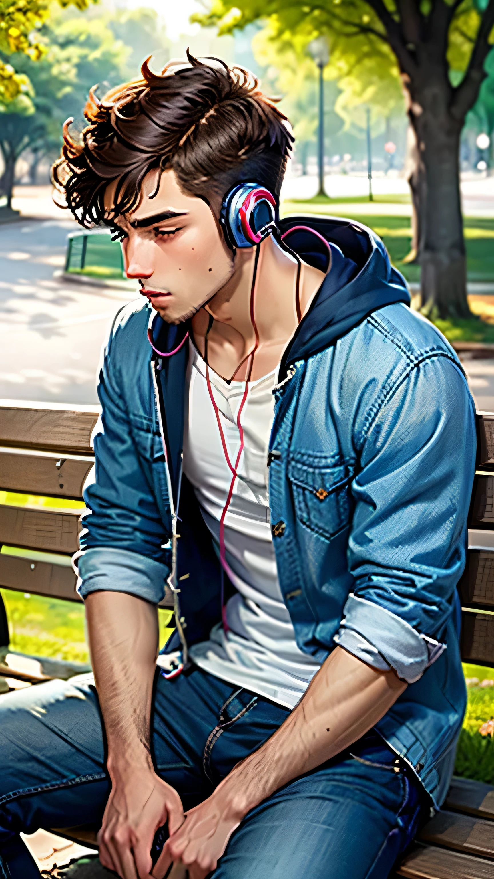 A sad handsome boy sitting on a Bench alone in Park wearing headphones