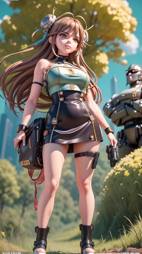 A woman in a dress stands in front of a giant robot, Don Mights, Portrait of Sofia Vergara, Promotional Art, Attractive brown haired woman, Retropunk, The protagonist in the foreground, Inspired by Louis Paul, Mechanic, Young woman anime visual, Compute Shaders, Inspired by Donato Giancola, Youtube thumbnails, Chrome Art  