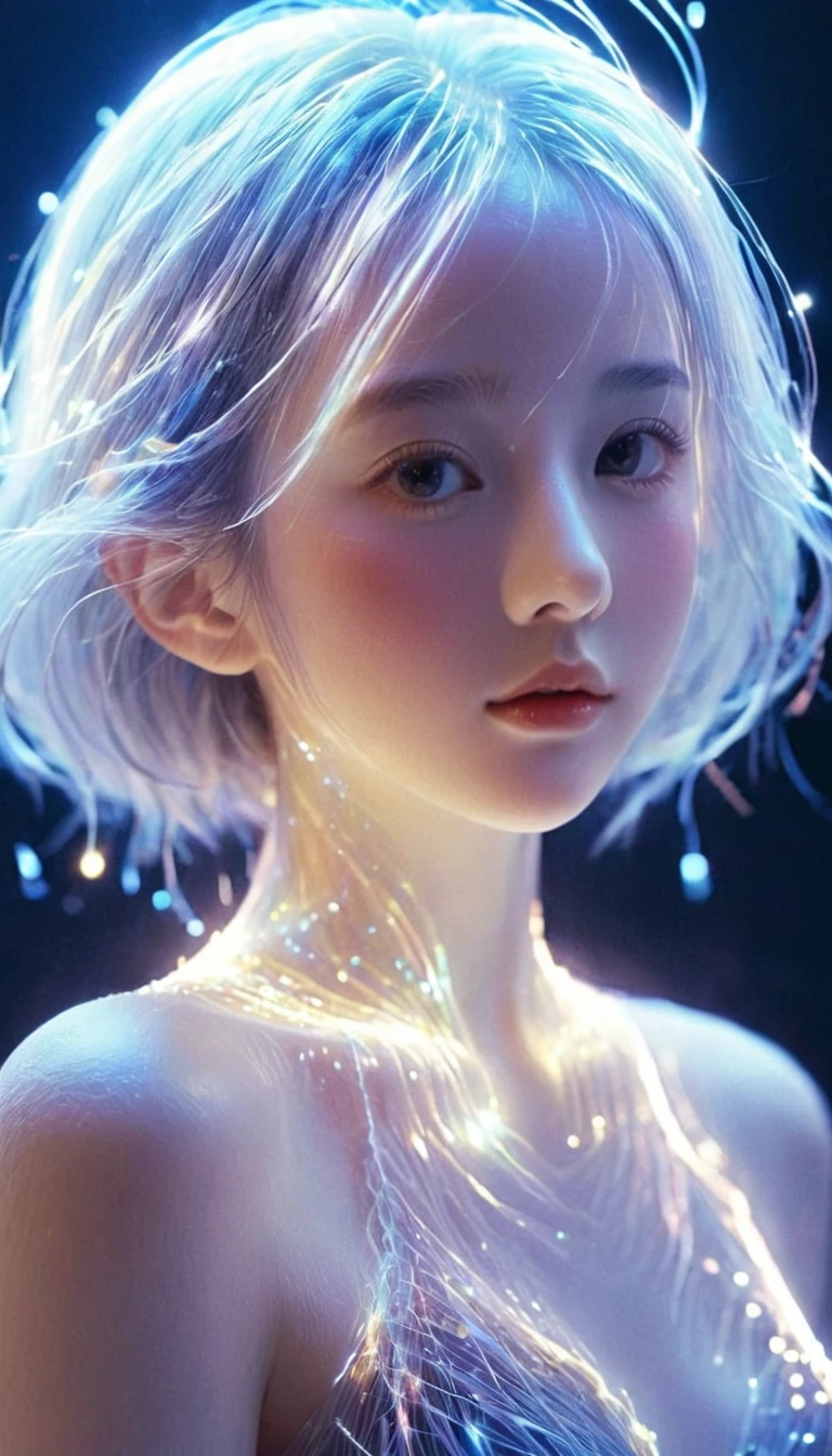 bailing_particles,bailing_lines,Lines of light,Particles of Light,A girl made of particles,The density of lines at the finger part is high,(white hair:0.3),