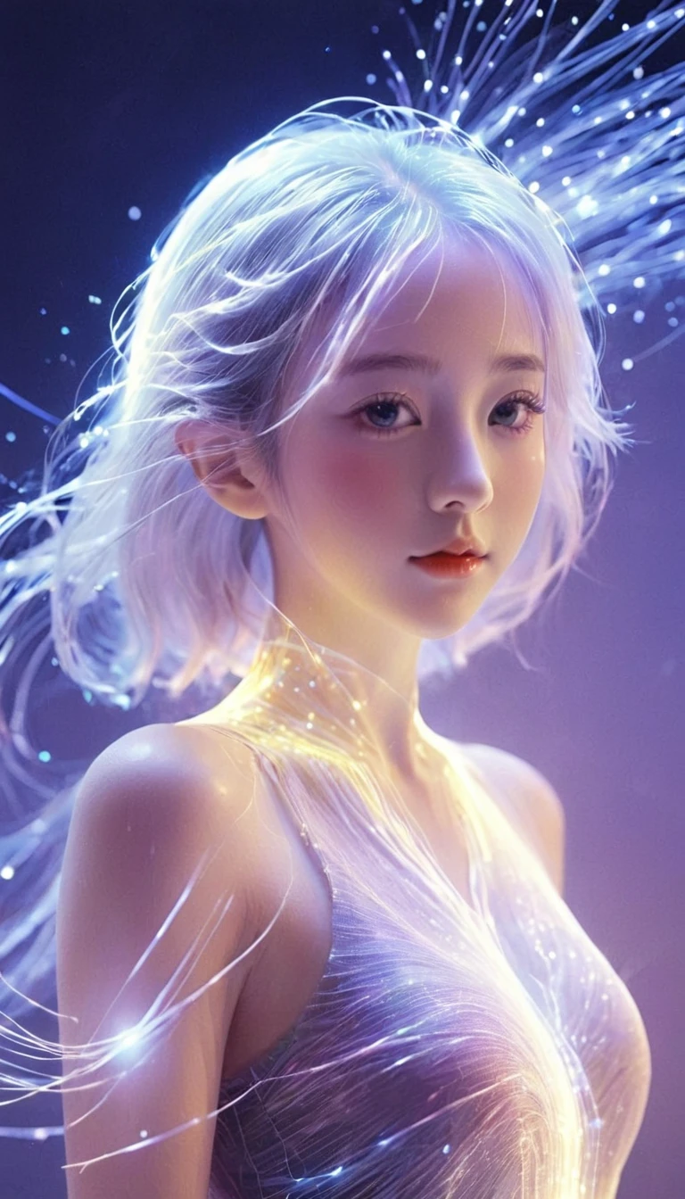 bailing_particles,bailing_lines,Lines of light,Particles of Light,A girl made of particles,The density of lines at the finger part is high,(white hair:0.3),
