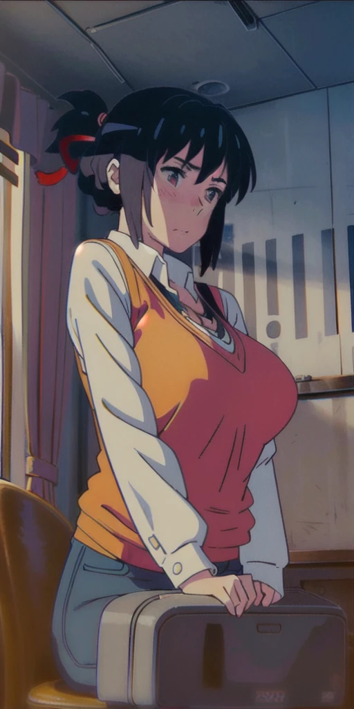 ager in  in an empty, dimly lit classroom, very blushing with huge breasts, bigger than your head, anime style