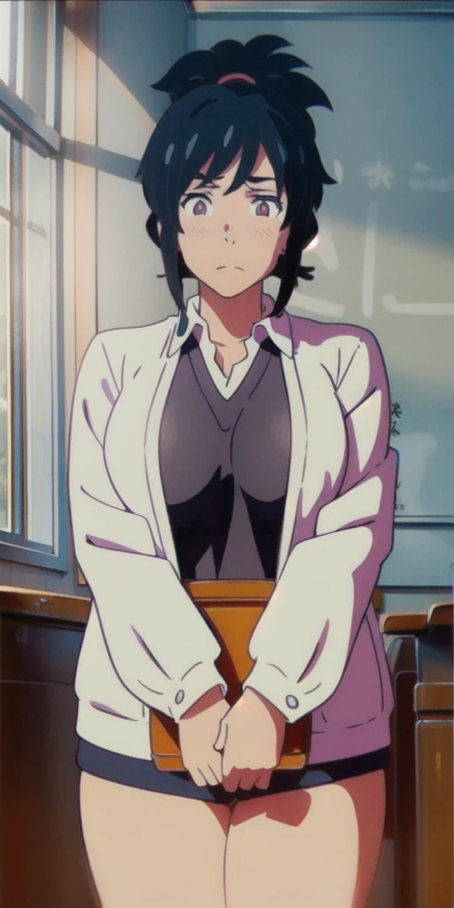 teenager in in an empty, dimly lit classroom, very blushing with huge breasts, bigger than your head, anime style