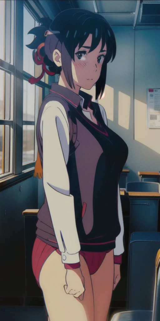 ager in in an empty, dimly lit classroom, very blushing with huge breasts, bigger than your head, anime style