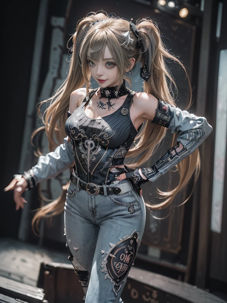 (Full Body View:1.4)、(Full body:1.3)、(Side view:1.1)、(Smiling with teeth showing:1.3),(Shibuya Gal:1.5)、(Gothic ta style fashion:1.5)、(Punk RockVisual Kei:1.5)、(Wearing a rhythmic gymnastics bodysuit with intricate details:1.4)、(Racing suit and pants with intricate decorations in white, denim and charcoal:1.5)、(Denim and light blue and white boots:1.3)、((belt))、(Numerous delicate logo marks all over the costume:1.4)、(collar:1.3)、(Striped underwear:1.5)、20-year-old、NSFW、((Highest quality、In 8K、masterpiece:1.3))、Sharp focus:1.2、(Layered Cut、Huge boobs:1.1),Beautiful woman with perfect figure:1.4、(Dancing vigorously:1.3)、Slender Abs:1.2、Highly detailed face and skin texture、Detailed eyes、double eyelid,(Twin tails:1.3)、(Brown-golden hair:1.3)、Gravure idol、(The background is the stage of the fashion show:1.3)、(Slim body:1.3),(Make your legs thinner:1.4),(clavicle:1.1)、(Thin and slim thighs:1.3)