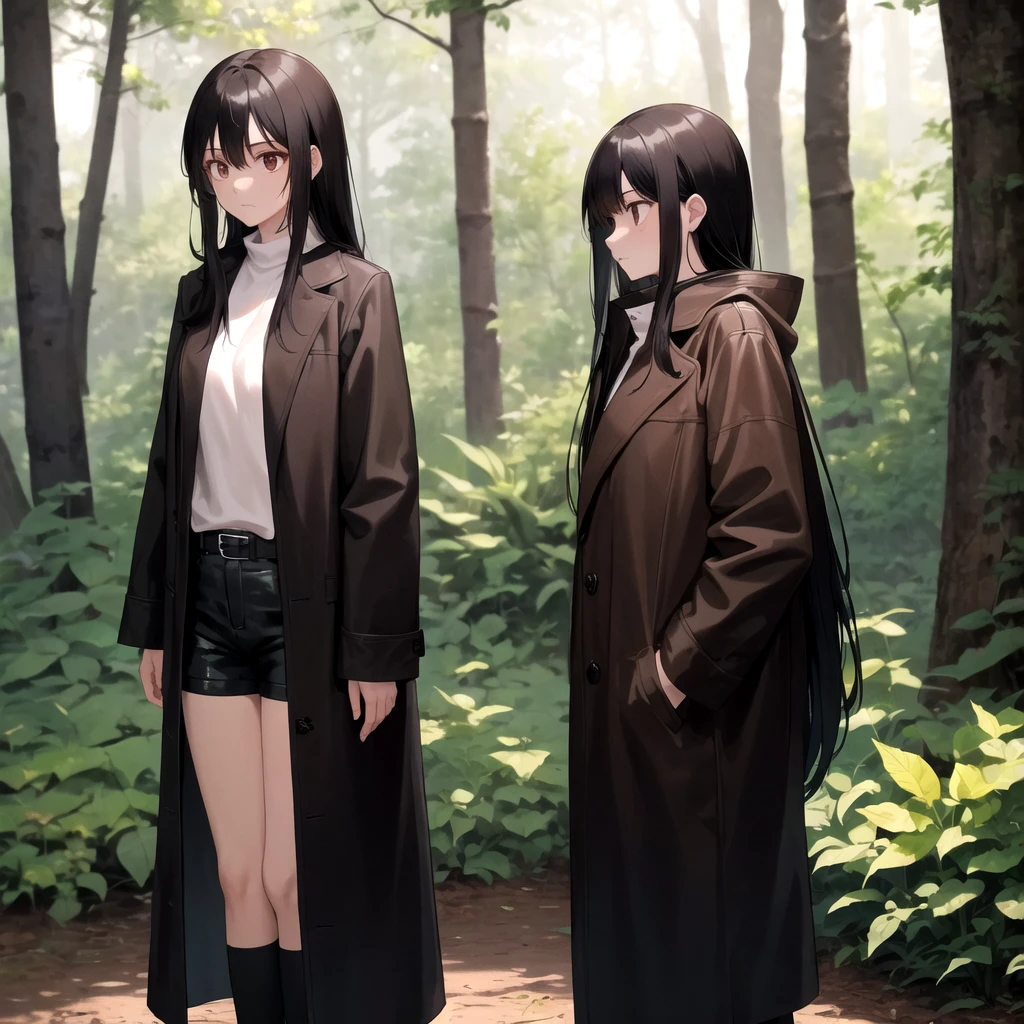 A wonam with a long black hair and she wearing a brown coat outside and and she wearing a with shirt and black shorts..He look scared a bit.She standing in the middle of the forest.