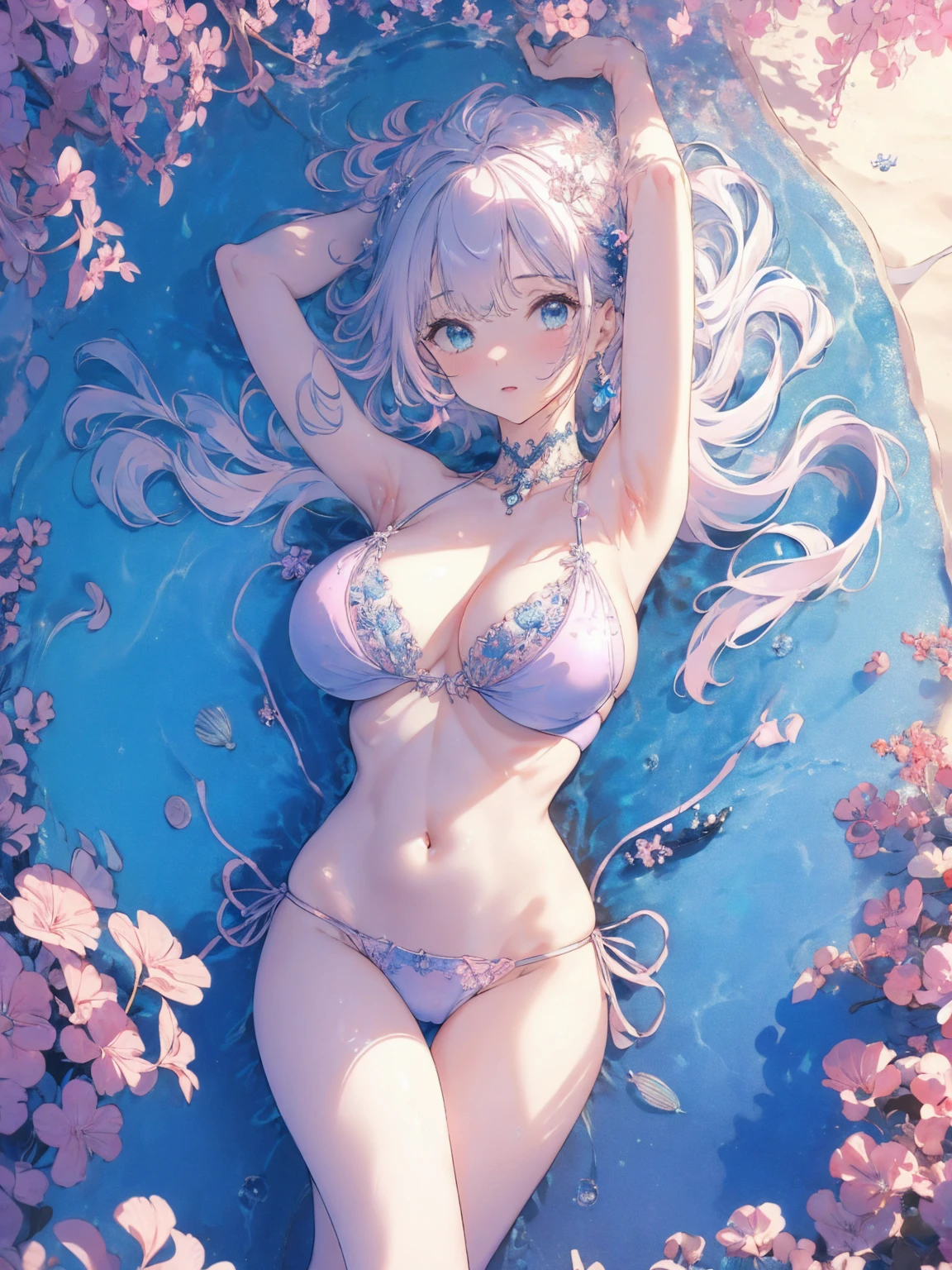 (seaside photo:1.1, in blue marine:1.5), Masterpiece, best quality, (very detailed CG unity 8k wallpaper), (best quality), High definition RAW color art, Animation,sculptures, (pink Marble Skin), (((Ultra detailed elegant))), Magical atmosphere, Detailed skin, Texture,(Intricately detailed, Fine detail, ultra-detail art), depth of fields, bokeh, Silky Touch, Hyper Detail, beautiful eyes, Elegant Face, (lying on pastel pink waterfront), sparkle background, enormous breast:1.3, (silver hair), pastel purple,, muscle, embarrassing red face, wide open udder, shorthair, 丸メガネ:1.4, bikini