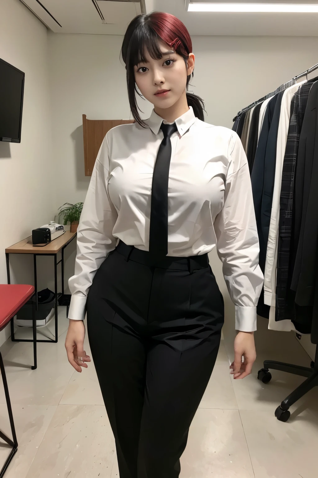 Highest quality、Ultra-high resolution、Professional Lighting、Detailed Background、workroom、full body,Kobeni-chan、A sloppy smile、25-year-old woman、beautiful girl、(Kobeni-chan、Jet black hair, Black Hair, bangs, One-sided hair,)、(Red Hair Clip:1.1)、(White shirt:1.2)+(Black tie:1.2)+(black long pants for work:1.2)、(Huge breasts that look like they might burst:1.2)、(Big thighs:1.1)、Are standing、Model pose