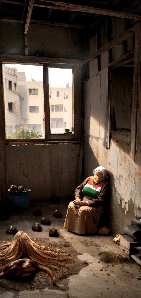 Old grandmother sitting in an abandoned building, a dog poops in front of her, a lot of poop, poop in the foreground, Palestine flag. Lots of smelly poop, Pride, disgusting photo. Dog poop comes out of his ass, её анус огромный и выдаёт a lot of poop