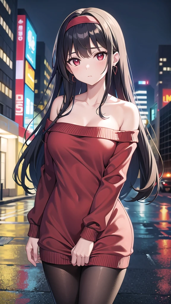 yorbriar, yor briar, black hair, (red eyes:1.5), earrings, gold hairband, hairband, long hair, sidelocks, (medium breasts:1.2),
BREAK bare shoulders, collarbone, dress, long sleeves, off shoulder, off-shoulder dress, off-shoulder sweater, pantyhose, red sweater, sweater, sweater dress, thighs,
BREAK outdoors, city,night,wet road, reflections, on street,
BREAK looking at viewer,
BREAK (masterpiece:1.2), best quality, high resolution, unity 8k wallpaper, (illustration:0.8), (beautiful detailed eyes:1.6), extremely detailed face, perfect lighting, extremely detailed CG, (perfect hands, perfect anatomy),full body,sexy pose.