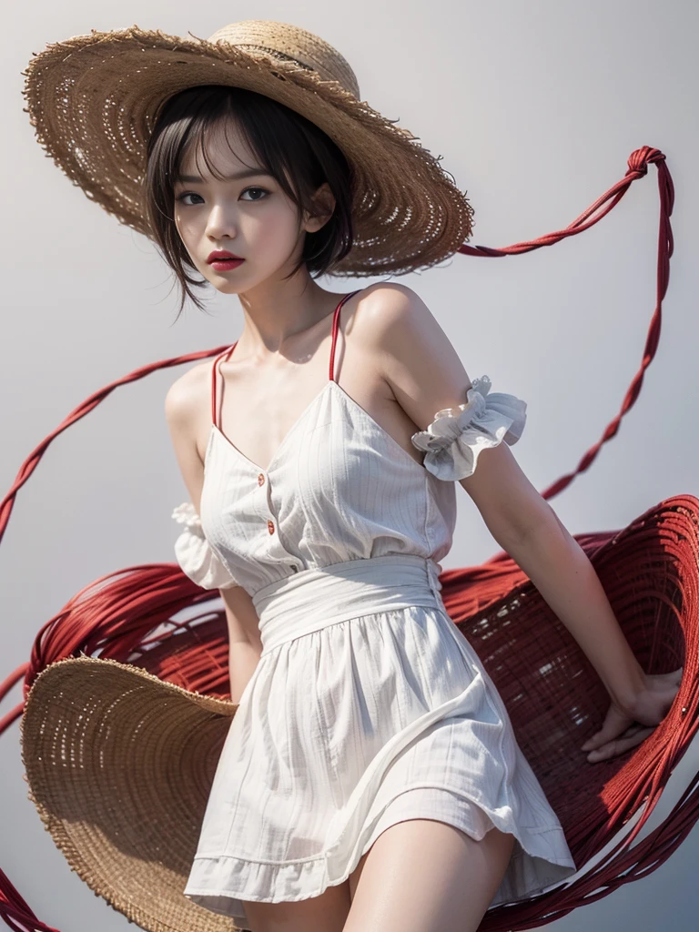(8K, Highest quality, High resolution, masterpiece :1.3), male, Straw hat with red string, Black Hair, Short Hair, Red buttoned dress, Pure white background