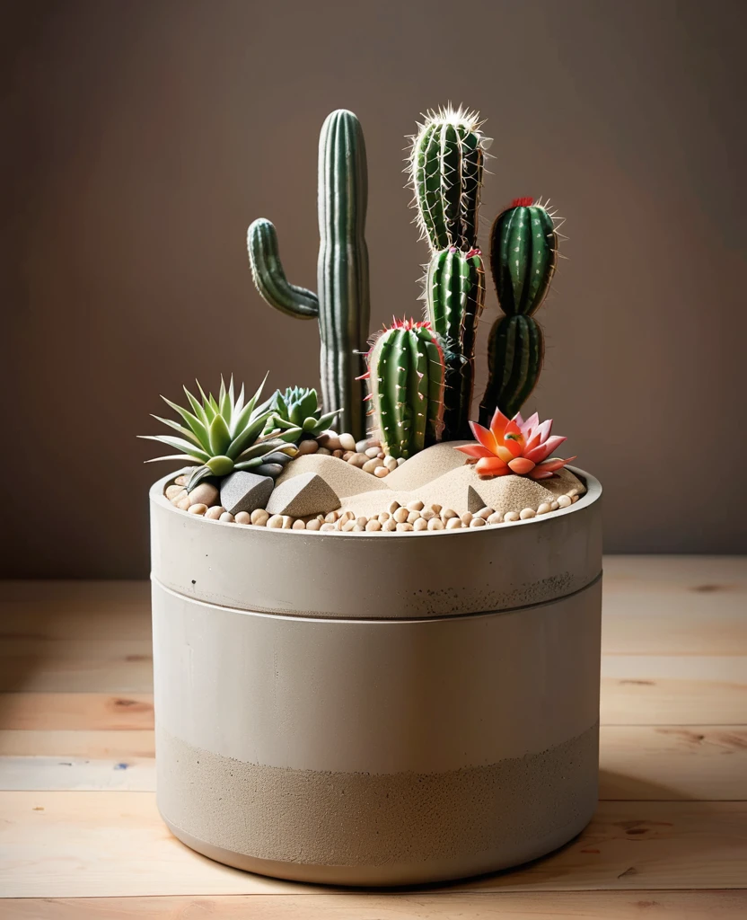 A Cylindrical cement container with sand, wood and cacti inside