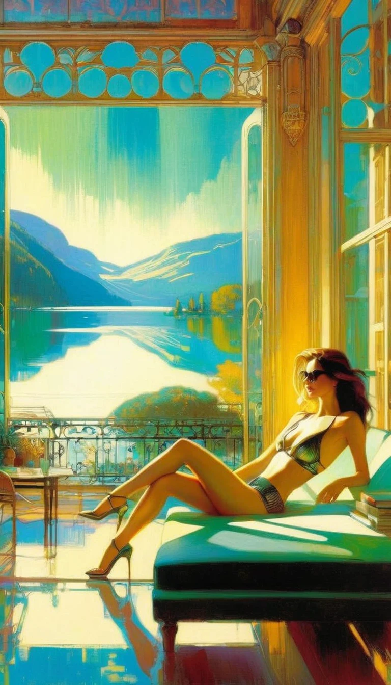 large bookstore with many details, large open terrace with views of a beautiful lake with dream houses, on the terrace a sexy girl relaxes (art inspired by Bill Sienkiewicz). oil painting)