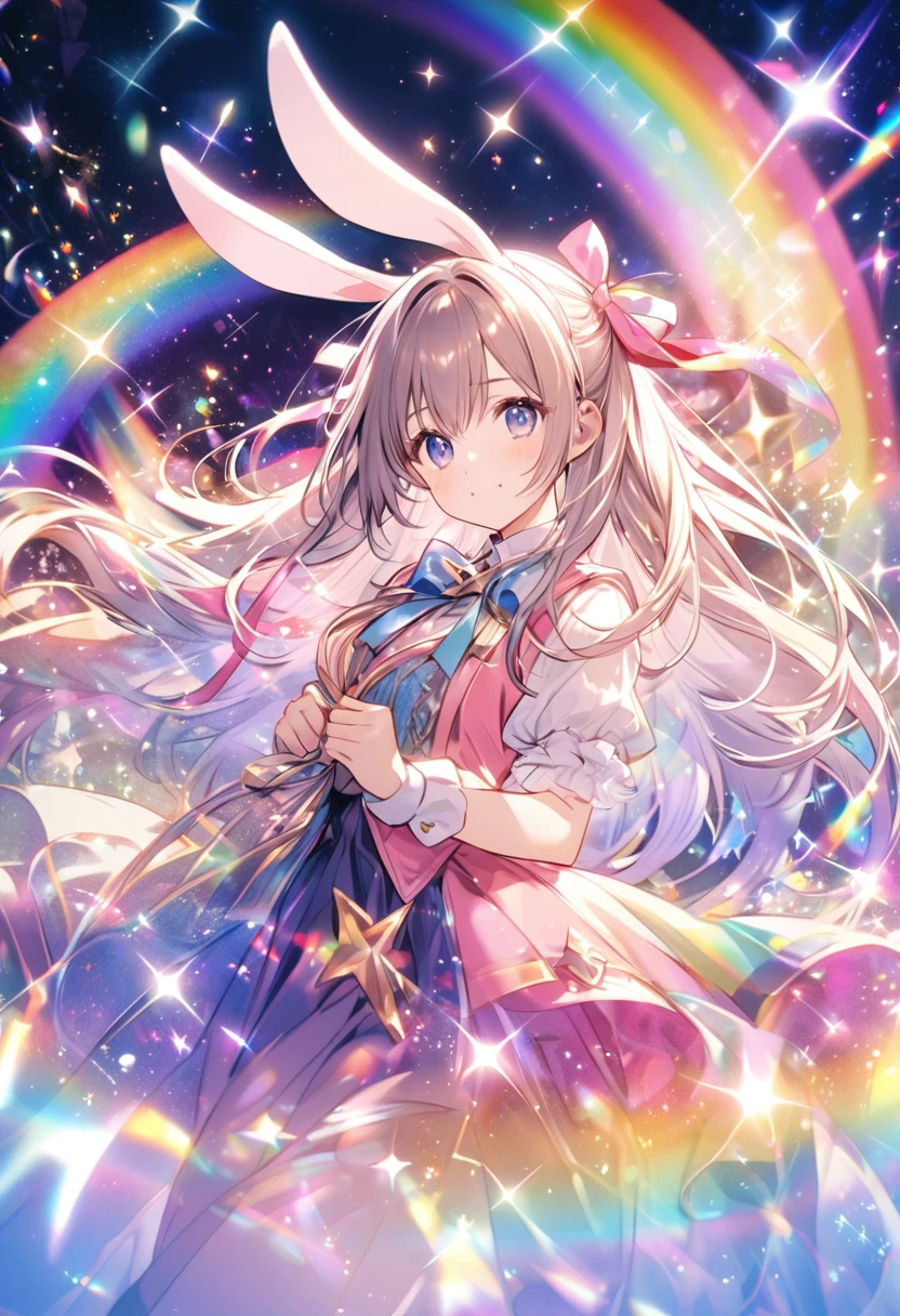「A character with rabbit ears and long hair tied with a ribbon, Surrounded by magical rainbows and sparkles, Against a bright and shining fantasy background."He's holding a stuffed rabbit in both hands.