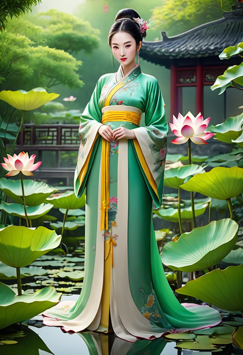 An ancient Chinese clothing,In a garden that has flowers and green plants, ponds and lotus flowers, unreal 5, high quality, clear pictures, high detail