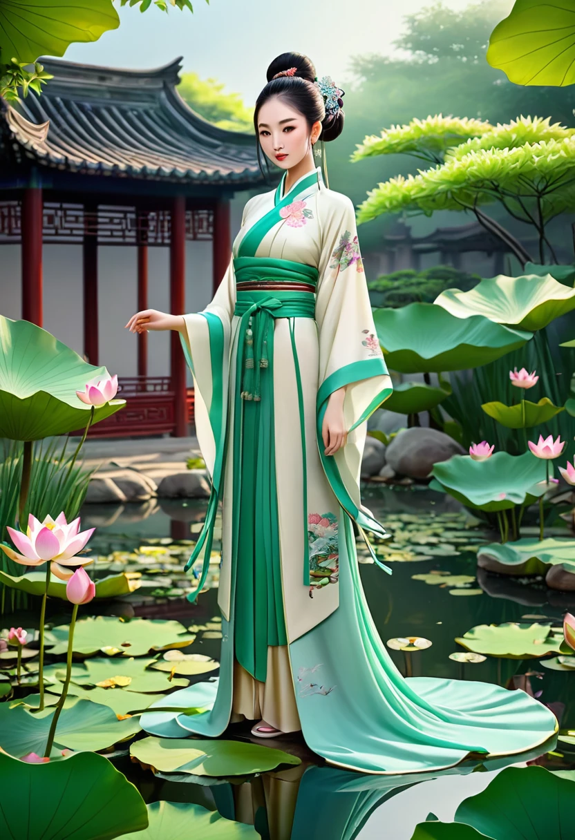 An ancient Chinese clothing,In a garden that has flowers and green plants, ponds and lotus flowers, unreal 5, high quality, clear pictures, high detail