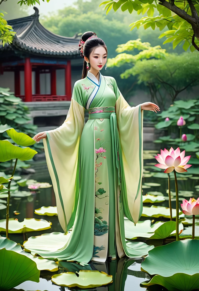 An ancient Chinese clothing,In a garden that has flowers and green plants, ponds and lotus flowers, unreal 5, high quality, clear pictures, high detail