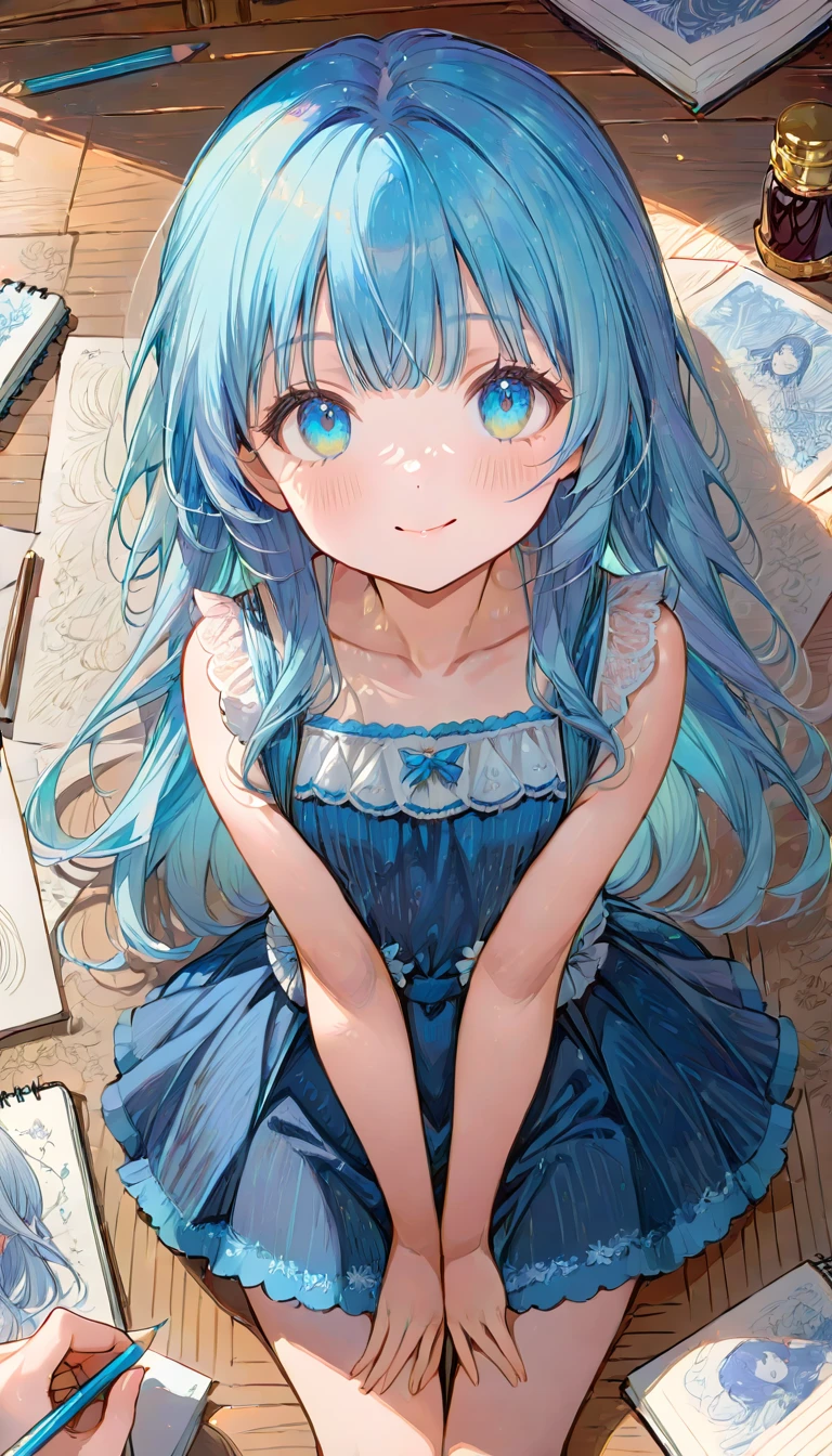 masterpiece, best quality, extremely detailed, (illustration, official art:1.1),adorable face、 1 girl ,(((( light blue long hair)))),pale blue hair,, long hair ((blush)) , cute face, big eyes, masterpiece, best quality,(((((a very delicate and beautiful girl))))),Amazing,beautiful detailed eyes,blunt bangs((((little delicate girl)))),tareme(true beautiful:1.2), sense of depth,dynamic angle,toddler,,, affectionate smile, (true beautiful:1.2),,(tiny 1girl model:1.2),)flat chest、(highest quality,4K,8k,High resolution,masterpiece:1.2),Very detailed,Pencil sketch,Grekari,Monochrome,Redrawing the picture,(flat,2D,2D) black and white sketch,Pencil drawing,Fine Lines,Shading and Hatching,Change the line thickness,Fine details,Sketching Techniques,artistic stroke,Contrast,depth,cross hatching,texture simulation,sketchbook,artistic expression,dynamic composition,Expressive,Impressionist,Hand-drawn style,perspective,Light and shadow,texture,Tone Value,composition,retro style,Romantic atmosphere,Classic, timeless,Pencil marks,vintage feel,paper texture,Roughness,Visual Storytelling,emotion,Exciting,Diagram,Precise contours,subtle gradients,dramatic effect,Attention to detail
