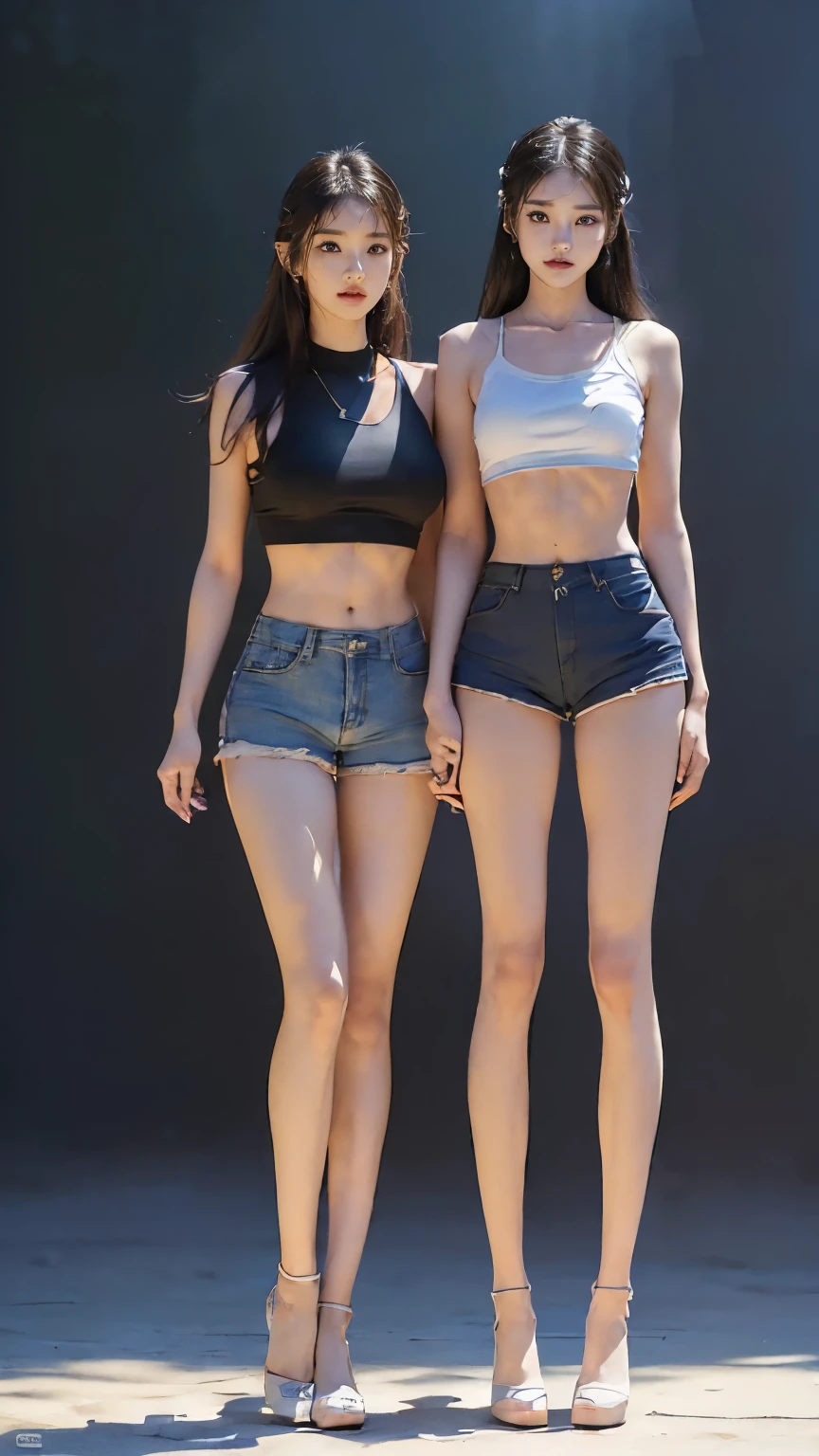 (8K、Raw photo、最high quality、masterpiece:1.5),(((((((Both of them stand with their legs apart:1.9))))))),(((((Both of them have an inseam that is more than half their height.:1.8))))),((Both have bare legs:1.6)),((Both of them are super slim:1.4))，(((((Two girls who look just like WONYOUNG from the k-pop group IVE were photographed:1.9))))),(((They both have super skinny legs:1.6))),(((Both are 173cm tall:1.4))),((Perfect k-pop IVE WONYOUNG style duo:1.3)),(((((Both of them take full body shots:1.8))))),((((Both of you should face your whole body straight ahead.:1.8)))),(((Photographed from below to show the whole body of the legs so that they look longer.:1.7))),Skin irregularities are reproduced in minute detail:1.4, (Super thin waist: 1.2),((超Thin thighs:1.2)), Thin buttocks,Open the navel,１Detailed reproduction of the navel,((Perfect super slim legs:1.3)),(((both of them are the same height:1.3))),(((Both of them have amazingly slim figures.:1.2))),(((Both are wearing micro shorts with a rise of 15cm and an inseam of 1cm.:1.8))),(Both are ************:1.2),((((Both of them are extremely exposed.:1.7)))),(((((Both of them have super-strong abs:1.9))))),((Both of them were wearing short, form-fitting white sports bras.:1.4)),(((Big boobs but no bra:1.4))),(((Both of them had high, erect nipples clearly visible protruding from under their white sports bras.:1.4))),((((Standing in a fashionable theme park on a sunny day:1.4)))),Highly detailed face and skin texture,(Both of you stand with your legs straight and without bending your knees.:1.3),(((They&#39;re both the same height:1.4))),((Both of them look just like WONYOUNG from the K-pop idol IVE.:1.8)), ((((Sunny afternoon:1.3)))),((cute:1.4)),Both are fair-skinned Asians,,Both of them have beautiful eyes,,Both of them have beautiful eyes,,Both of them have beautiful noses, which are realistically reproduced.,Both of them have realistic eyes.,Both have beautiful mouths,((They both have beautiful fingers)),nail,Both of them have beautiful faces.,Both of their beautiful faces are realistically reproduced.,cute,(Ultra-Realistic Details), Natural Shadows,(Very small hips:1.4),Large firm breasts, Super long thighs,(((超Thin thighs:1.2))),(((Super slim calves))),(Both of them have the slender bodies of well-trained track and field athletes.:1.5),(Super muscular body:1.5),Super toned waist,(Super thin waist:1.3),((White high heels:1.2)),lengthen limbs,(((((Shooting the whole body from calf height:1.6))))),(Both of them have slim, toned ankles.:1.2),((((Wide open abdomen:1.5)))),Hands on hips,Both of them face forward,((Both figures have detailed and clear reproduction of the crotch area.)),((Super long legs:1.3)),Thin thighs,((Both of them have bare legs.:1.6)),((Both of them are showing off their legs in a very extreme way.:1.5),((Both of them are showing off their bellies in an extremely extreme way.:1.4),(Black hair ponytail),(Neither of them wears tights or socks.:1.5),((Both of them stand up straight.)),((Keep your hips facing forward:1.5)),2人とも8頭身スタイルBeauty,The ankles are super thin,The arms are very thin and muscular,Make your arms thinner,(((Clearly reproduces the skin texture of the legs down to the finest detail))),Faithfully reproducing the fingers of the hand,(Both of them have super long legs.),(Accurate reproduction of each finger:1.3),(((Each toe is accurately reproduced:1.2))),The middle of the thighs are very thin,(((Clearly reproduces the muscle texture of ultra-muscular and ultra-thin calf skin))),(((超筋肉質な超Thin thighsの肌の筋肉質感を明確に再現する))),(Very tight waist:1.2),((Both of them have an inseam that is more than half their height.の美脚:1.6)),(Extremely thin thighs:1.2),Beauty,Fine skin,Firm skin,(((Both of them should fit from the top of their heads to the toes of their heels.:1.5))),(((They both have super skinny legsの肌を細部まで忠実に再現する))),(Both of them are super muscular and have super thin legs with realistic skin.:1.3),((Realistically reproduces the fine details of toned, slender leg skin:1.3)),((Dazzling Midsummer)),(((Both of them have super-strong quadriceps:1.6))),(((Both of them have extremely well-trained gastrocnemius and soleus muscles.:1.6))),((2人とも超細くてSuper long legs:1.2)),Front lighting,Super detailed, High detail, high quality, Awards,High resolution,(Anatomically correct:1.5)　