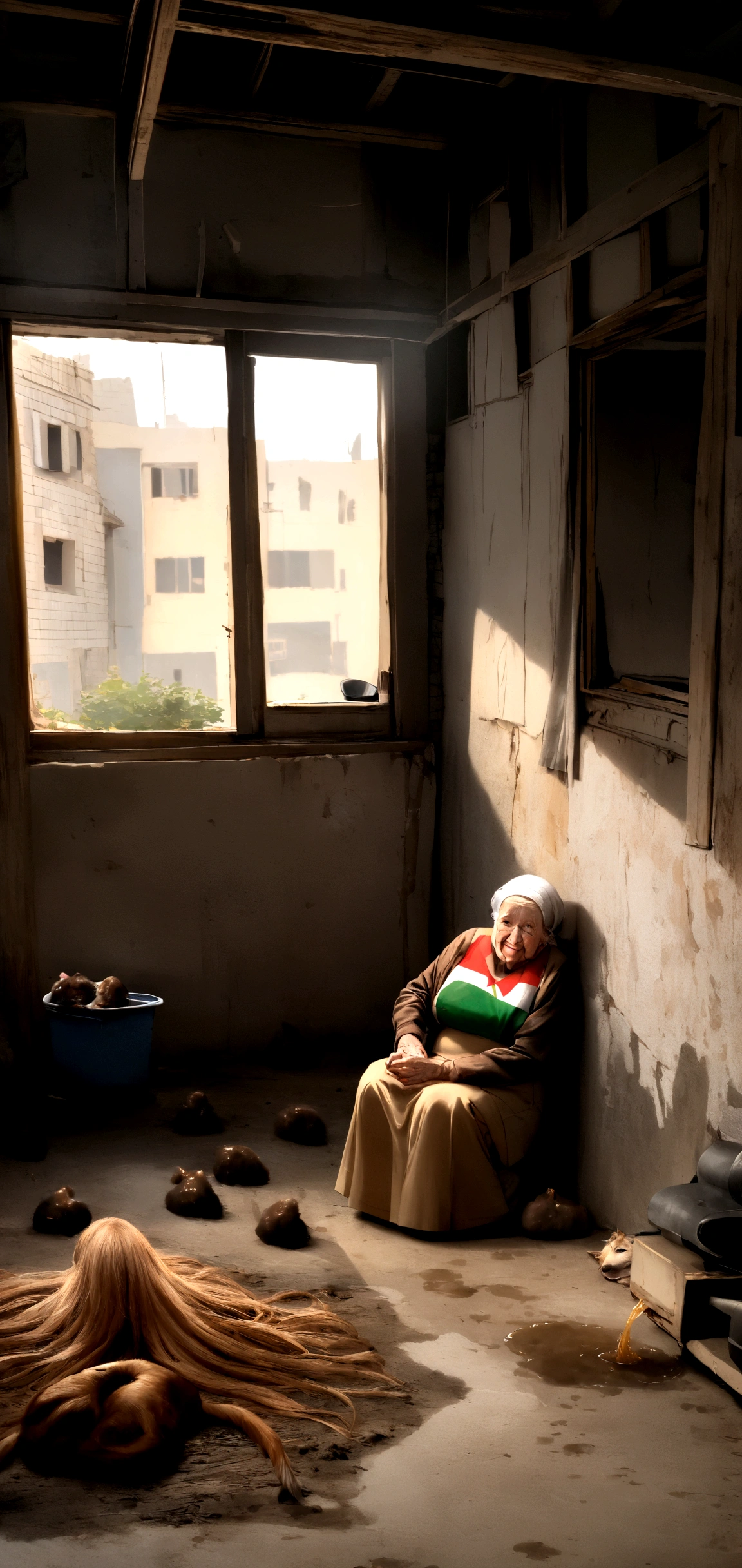 Old grandmother sitting in an abandoned building, a dog poops in front of her, a lot of poop, poop in the foreground, Palestine flag. Lots of smelly poop, Pride, disgusting photo. Dog poop comes out of his ass, её анус огромный и выдаёт a lot of poop
