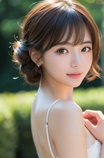 masterpiece:1.3), (8K, Realistic, RAW Photos, Best image quality: 1.4), Japanese women、Baby Face、(Random Hairstyles:1.2)、Highly detailed face、Attention to detail、double eyelid、Beautiful woman:1.4、Light brown hair、Highest quality、masterpiece、Ultra-high resolution、(Realistic:1.4)、Smile with professional lighting and attention to detail、Loose、thin、short hair、Deadly position、Full body image、garden、