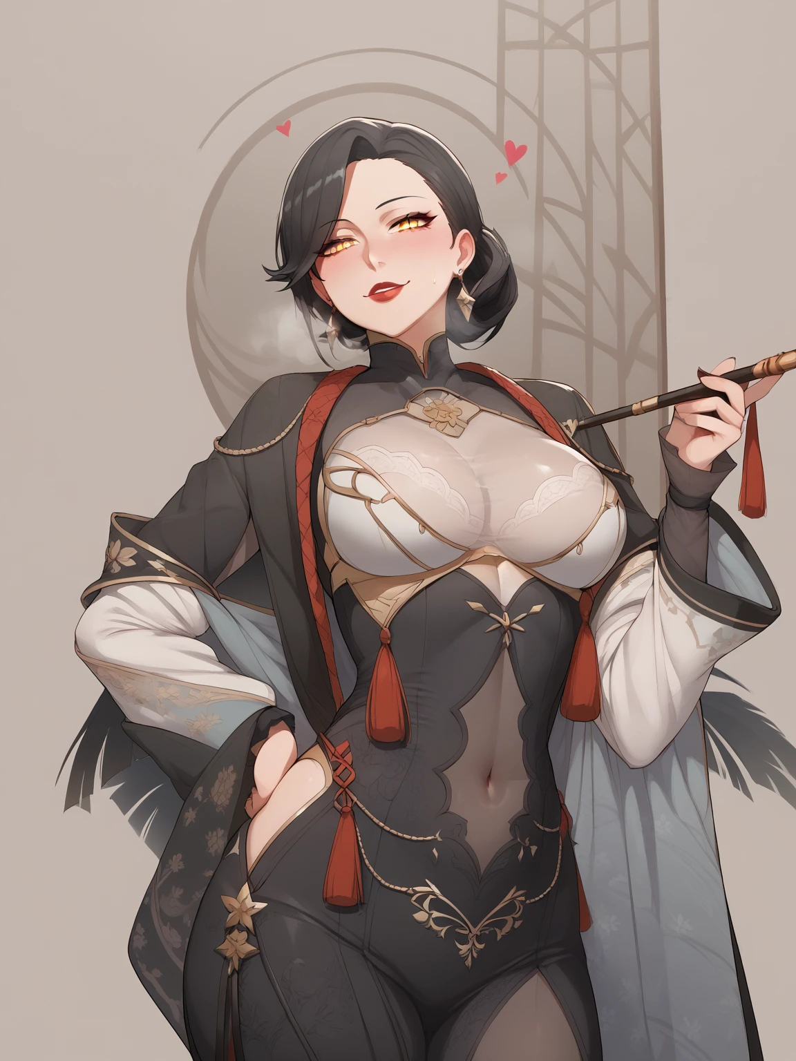 score_9, score_8_up, score_7_up, score_6_up, uncensored, zentreya, zencyber, short hair, white hair, hair ornament, yellow eyes, slit pupils, naughty face, shiny skin, sweating, steaming body, happy, heavy breathing, detailed body, detailed eyes, BREAK (masterpiece:1.2), best quality, high resolution, unity 8k wallpaper, (illustration:0.8), (beautiful detailed eyes:1.3), extremely detailed face, perfect lighting, extremely detailed CG, (perfect hands, perfect anatomy), hearts, pleasured, Expressiveh, 1girl, rating:safe, solo, jewelry, earrings, covered navel, red lips, breasts, looking_at_viewer, navel_cutout, holding smoke,