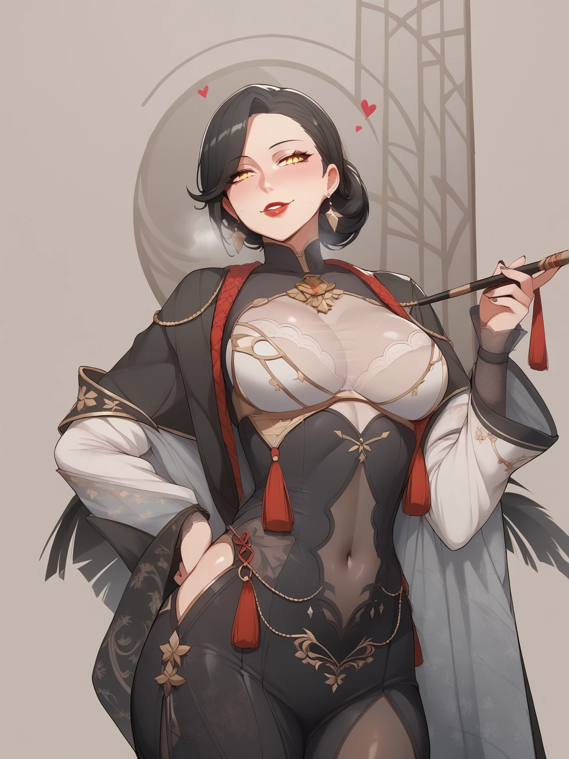 score_9, score_8_up, score_7_up, score_6_up, uncensored, zentreya, zencyber, short hair, white hair, hair ornament, yellow eyes, slit pupils, naughty face, shiny skin, sweating, steaming body, happy, heavy breathing, detailed body, detailed eyes, BREAK (masterpiece:1.2), best quality, high resolution, unity 8k wallpaper, (illustration:0.8), (beautiful detailed eyes:1.3), extremely detailed face, perfect lighting, extremely detailed CG, (perfect hands, perfect anatomy), hearts, pleasured, Expressiveh, 1girl, rating:safe, solo, jewelry, earrings, covered navel, red lips, breasts, looking_at_viewer, navel_cutout, holding smoke,