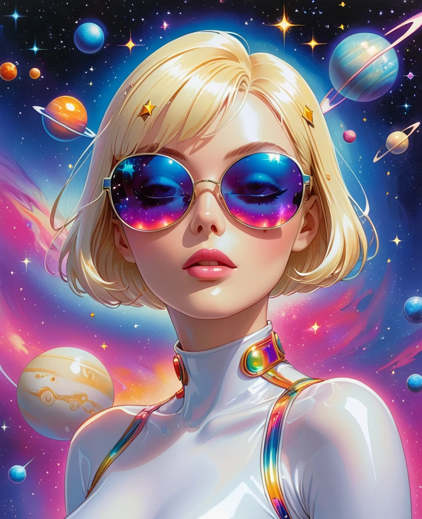 90s anime illustration of a blonde pin up, Clean background, minimalist style,wearing kaleidoscopic sunglasses which reflect a vast space galaxy full of stars and planets in it's lenses, whute bob haircut, symmetrical composition by hajime Sorayama, colour scheme by lisa frank 