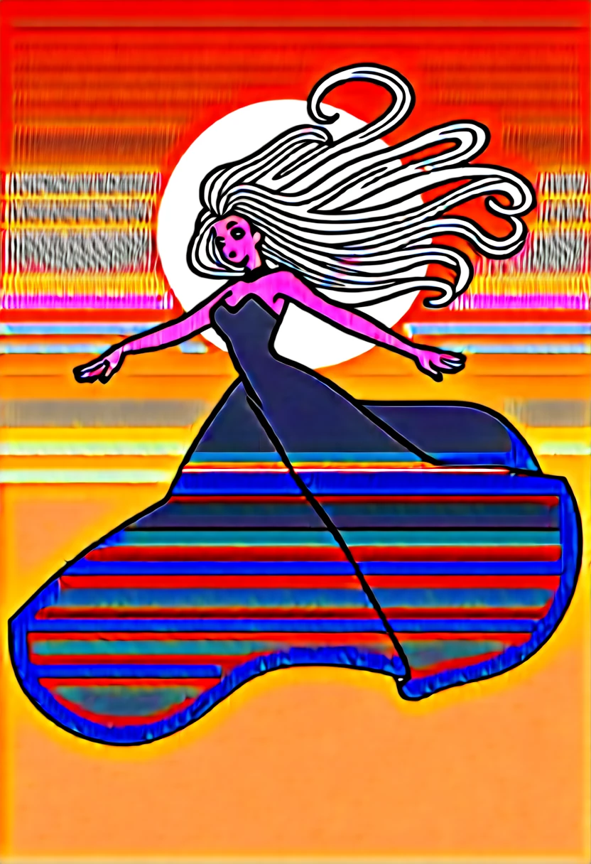 "Representation of the four phases of hyperreality by Jean Baudrillard", obra maestra de realismo hiperdetallado en 8k, mejor calidad, Exquisite and beautiful illustration, Angle Dynamic, dynamic poses, protagonizado por una figura femenina con ojos azules y cabello multicolor incluyendo tonos de plata, rojo, purple, amarillo y verde, llevando un elegante traje de artes marciales blancos con cinta alrededor del cuello. En un escenario de atardecer con abundante agua, Clouds and a watercolor aesthetic, capturando toda la belleza y delicadeza de la escena.