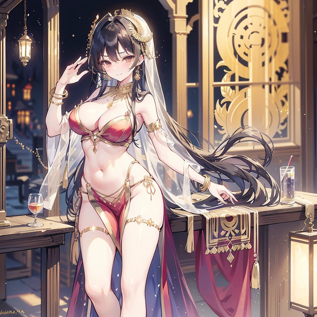 Tavern dancer, wide hips, thick thighs, slim, fit and toned, medium breast, revealing dress, harem dancer, (pelvic veil) ,(see through pelvic veil) , string panty, huge cleavage, ( jewelry) , long black hair, straight hair, brown eyes, naughty face, seductive smirk, (open wavy hair hairstyle) , solo, 1girl , (Indian style) , (mature face) , seductive smile, smirk, seductive face, (anklets), (bangles), (gold necklace), (vibrant multi colored dress) , ( golden embroidery on dress)
(Dancing in medieval tavern house/inn) , (blurry background),
(transparent veil) , (indian character) , (indian girl), (multi colored dress) , (sexy dancing)