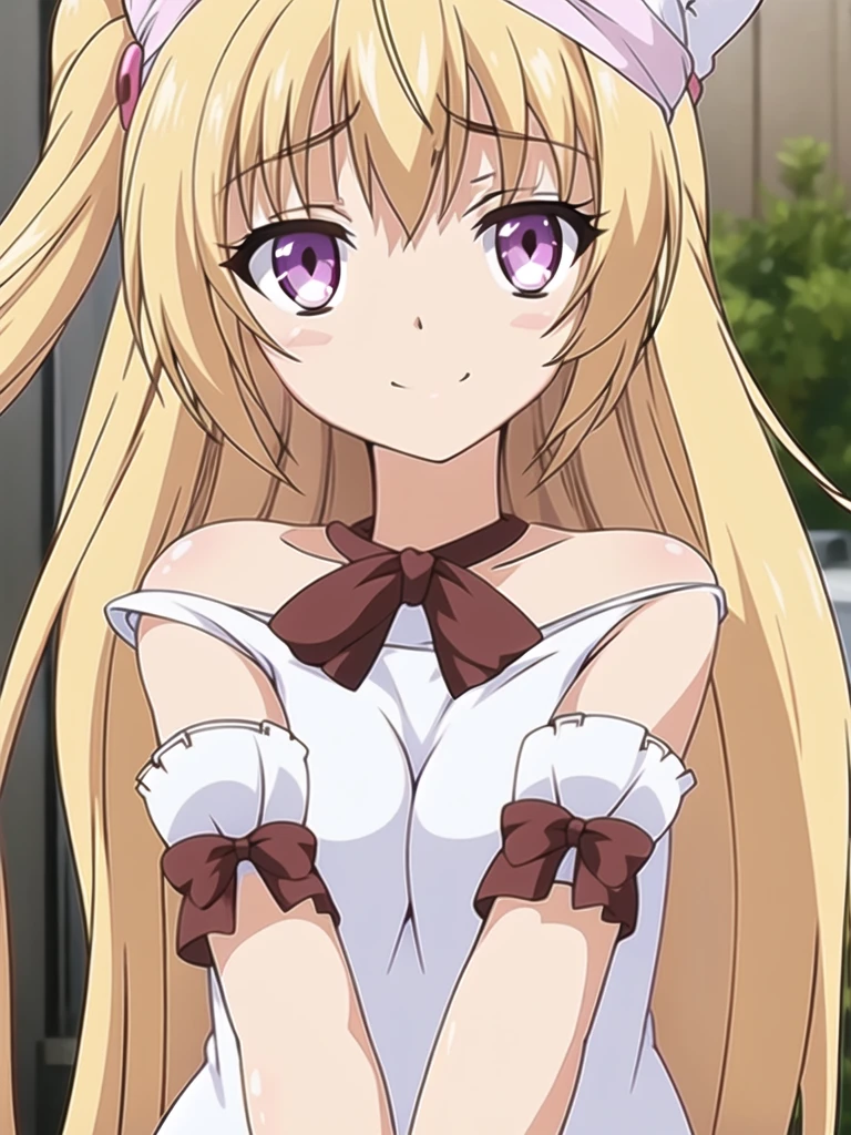 ((Best quality))),((Ultra-detailed)),((illustration)),((Disheveled hair)),((frilld)),(1 girl),(Solo), 1girl,closed_mouth,looking_at_viewer,solo,rating:safe,arms_behind_back,bangs,black_bow,blush,bow,clothing,dress,eyebrows_visible_through_hair,female,female_only,fur_hat,hair_flaps,hat,head_tilt,headwear,long_hair,long_sleeves,sidelocks,smile,very_long_hair, blonde hair,purple eyes,