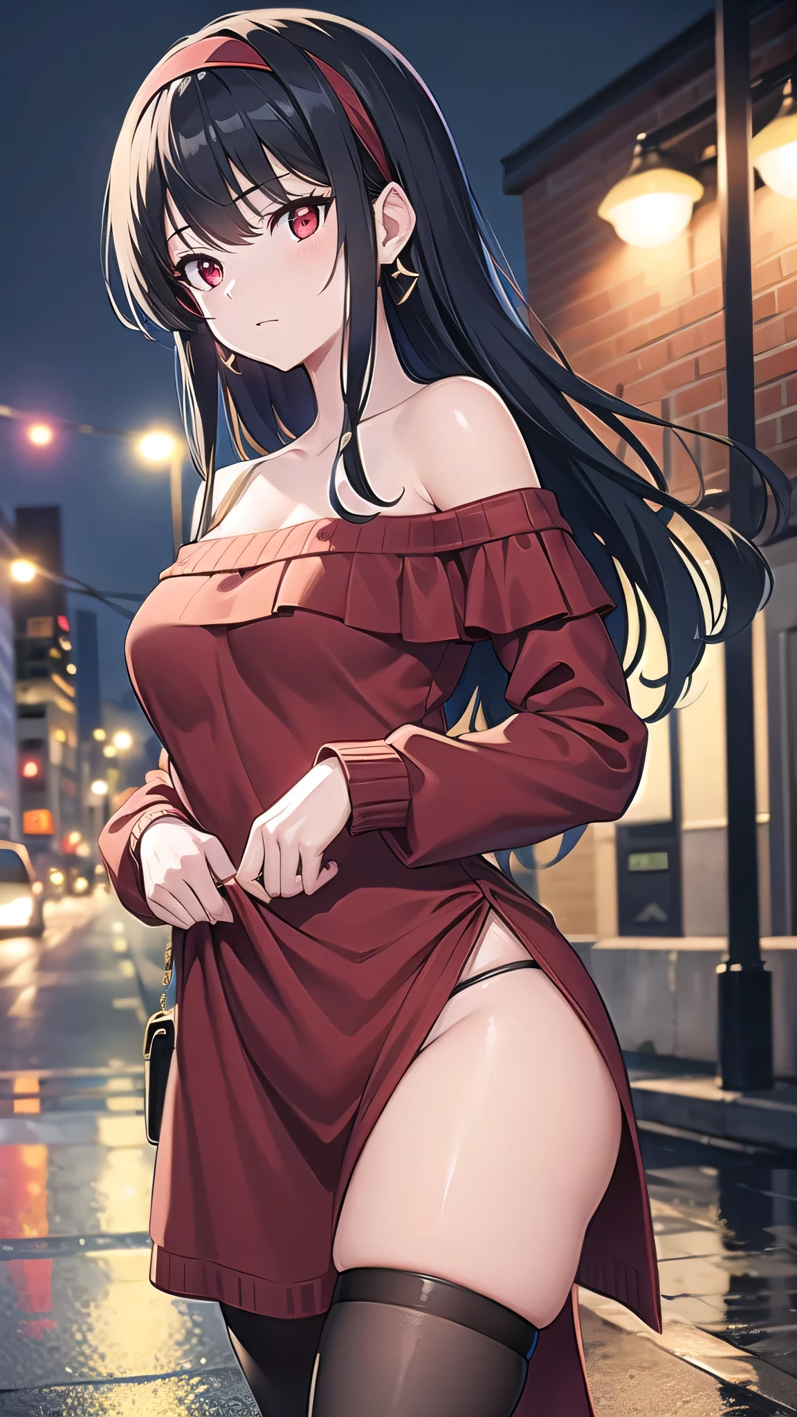 yorbriar, yor briar, black hair, (red eyes:1.5), earrings, gold hairband, hairband, long hair, sidelocks, (medium breasts:1.2),
BREAK bare shoulders, collarbone, dress, long sleeves, off shoulder, off-shoulder dress, off-shoulder sweater, pantyhose, red sweater, sweater, sweater dress, thighs,
BREAK outdoors, city,night,wet road, reflections, on street,
BREAK looking at viewer,
BREAK (masterpiece:1.2), best quality, high resolution, unity 8k wallpaper, (illustration:0.8), (beautiful detailed eyes:1.6), extremely detailed face, perfect lighting, extremely detailed CG, (perfect hands, perfect anatomy),full body,sexy pose.