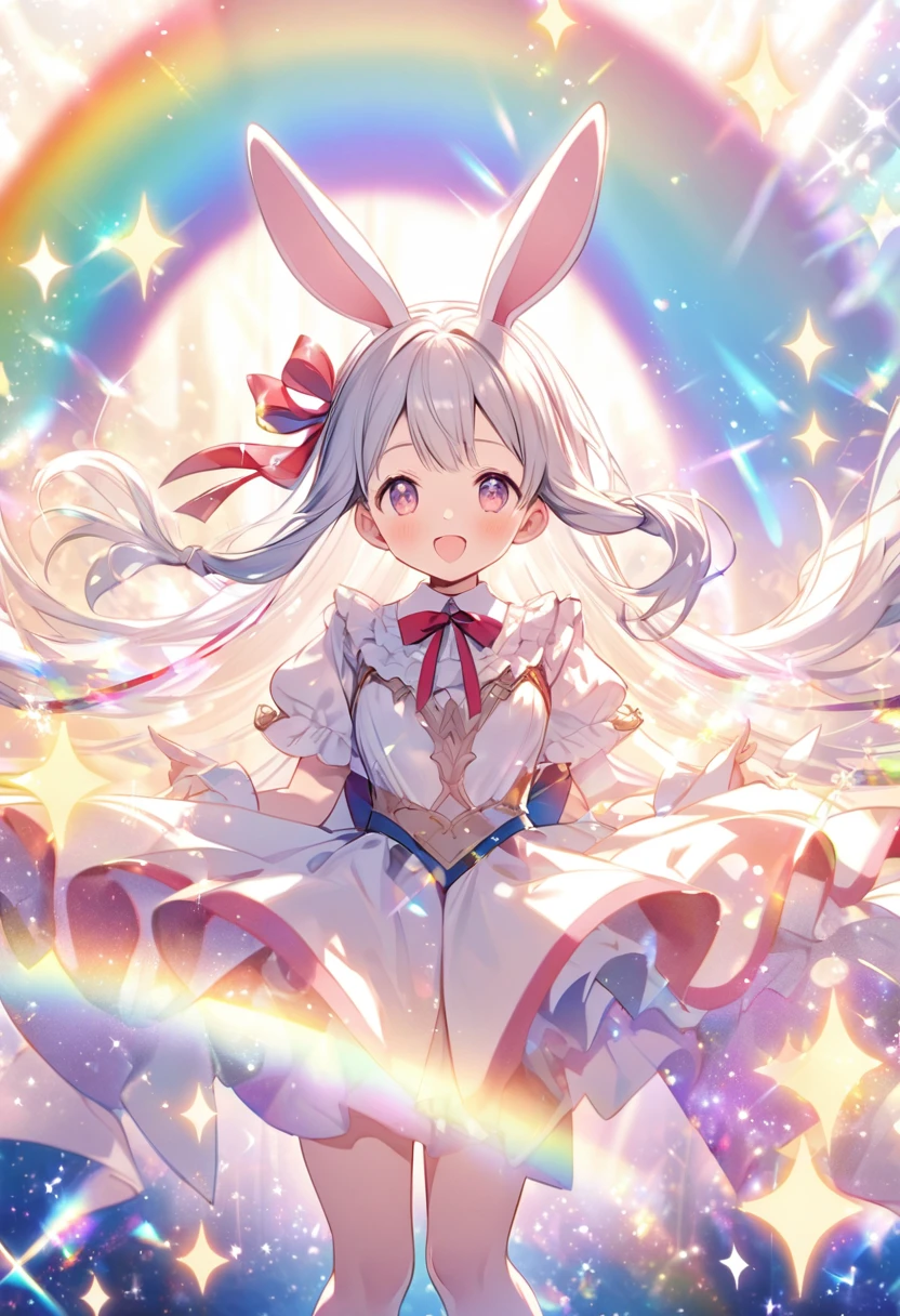 「A character with rabbit ears and long hair tied with a ribbon, Surrounded by magical rainbows and sparkles, Against a bright and shining fantasy background.&quot;He&#39;s holding a stuffed rabbit in both hands.