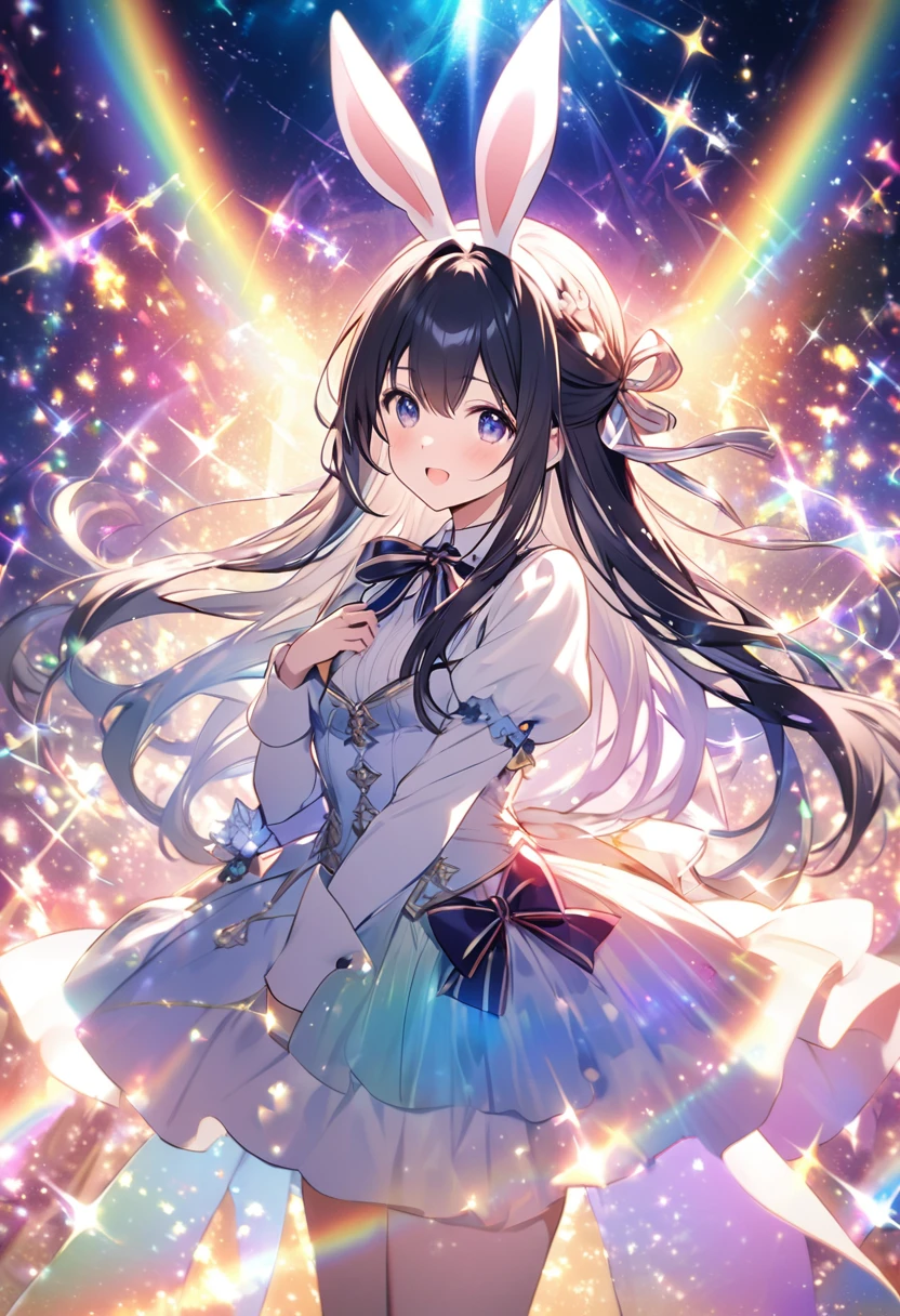 「A character with rabbit ears and long hair tied with a ribbon, Surrounded by magical rainbows and sparkles, Against a bright and shining fantasy background.&quot;He&#39;s holding a stuffed rabbit in both hands.