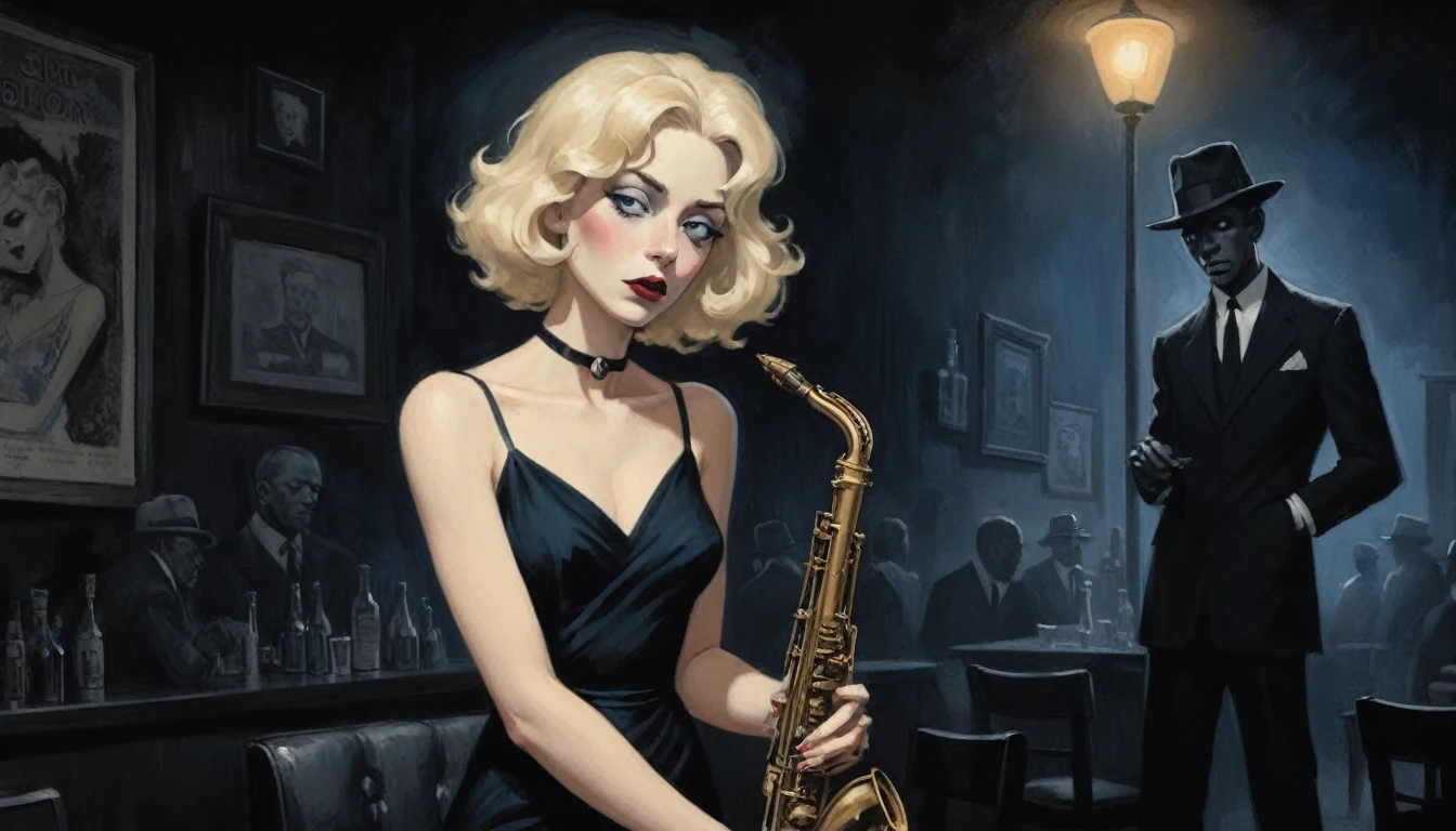 robert johnson, gritty, alabama bar, blue note, charismatic, black dress, illustration, noir fantasy, lone blonde lady, sad ending, saxophonist