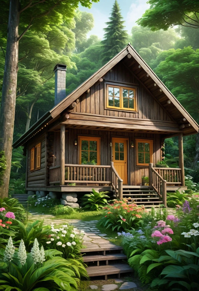 A small wooden cabin in the middle of a lush green forest. The cabin has a porch and a garden with flowers and plants. The mood is peaceful and serene. The art style is realistic. The camera is positioned at a low angle, looking up at the cabin. The colors are vibrant and the lighting is bright.